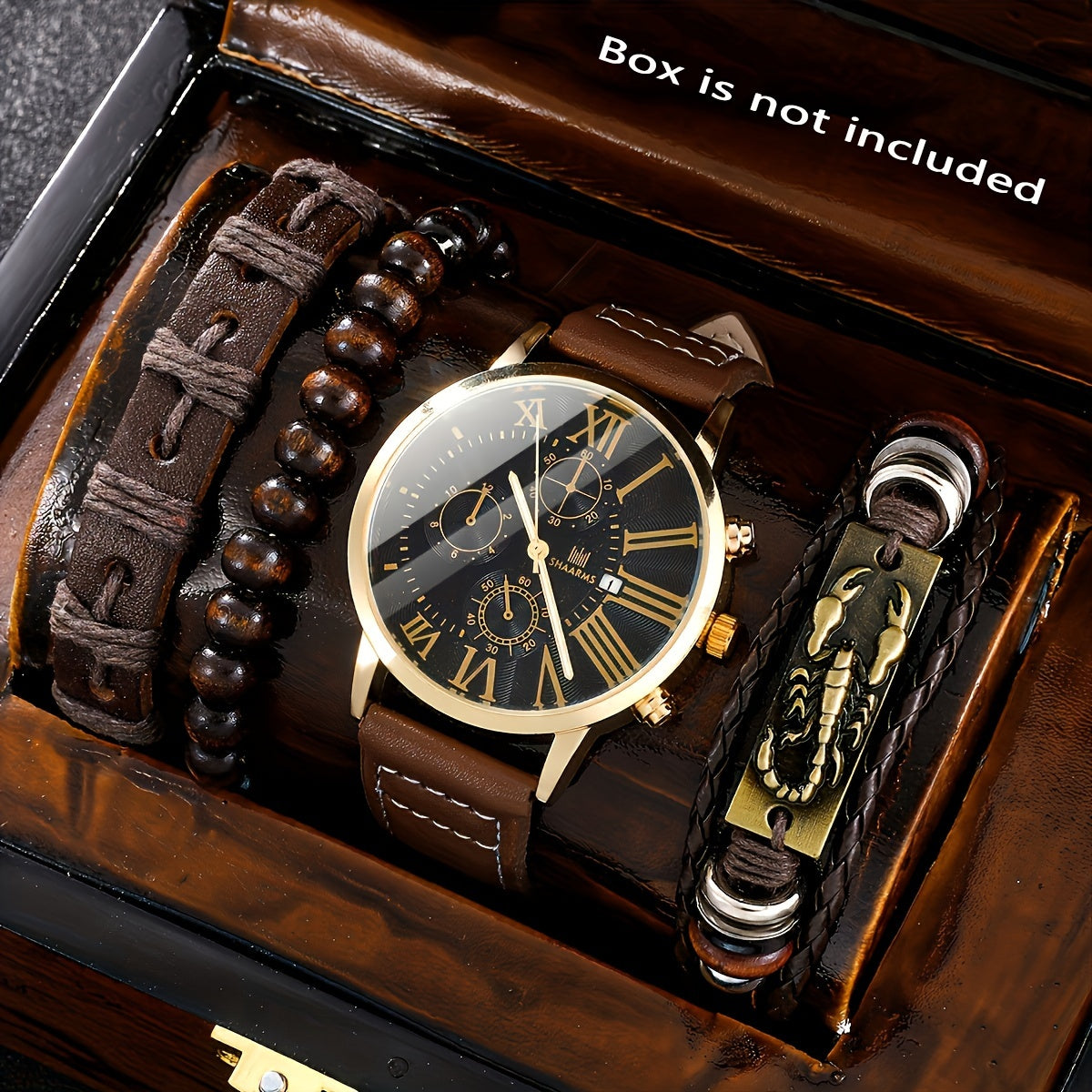 4pcs Men's Elegant Quartz Watch & Bracelet Set - Fashionable Brown with Golden Accents, Calendar Feature, Faux Leather Strap - Ideal Gift for Him