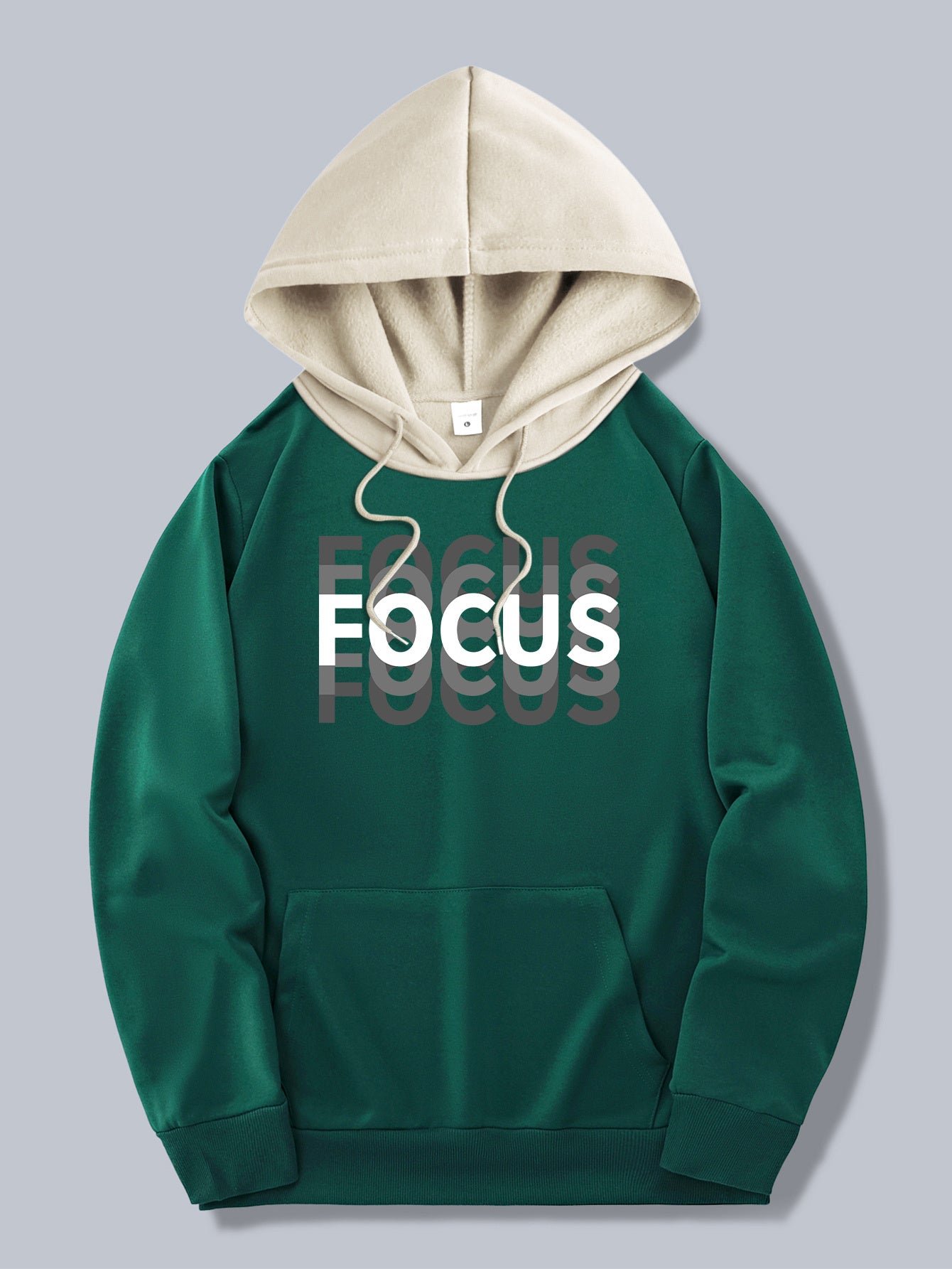 Men's Trendy Color-Block Hoodie with Drawstring - Casual Apricot Pullover with Letter Print, Polyester Blend, Machine Washable