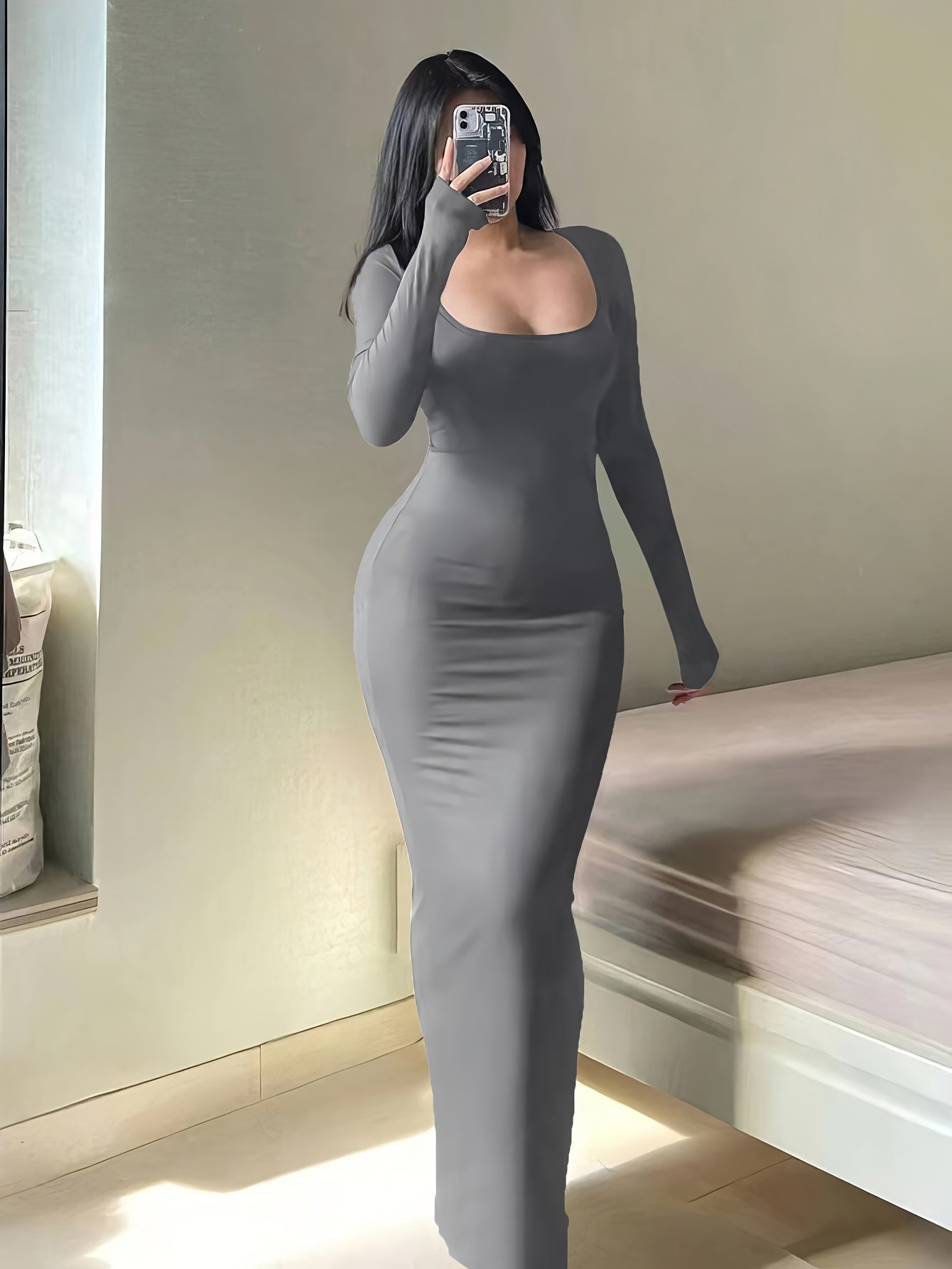 Form-Fitting, Ultra-Long Women'S Autumn Dress with Long Sleeves, Square Neckline, A-Line Silhouette, And a Sexy, Tailored Fit.