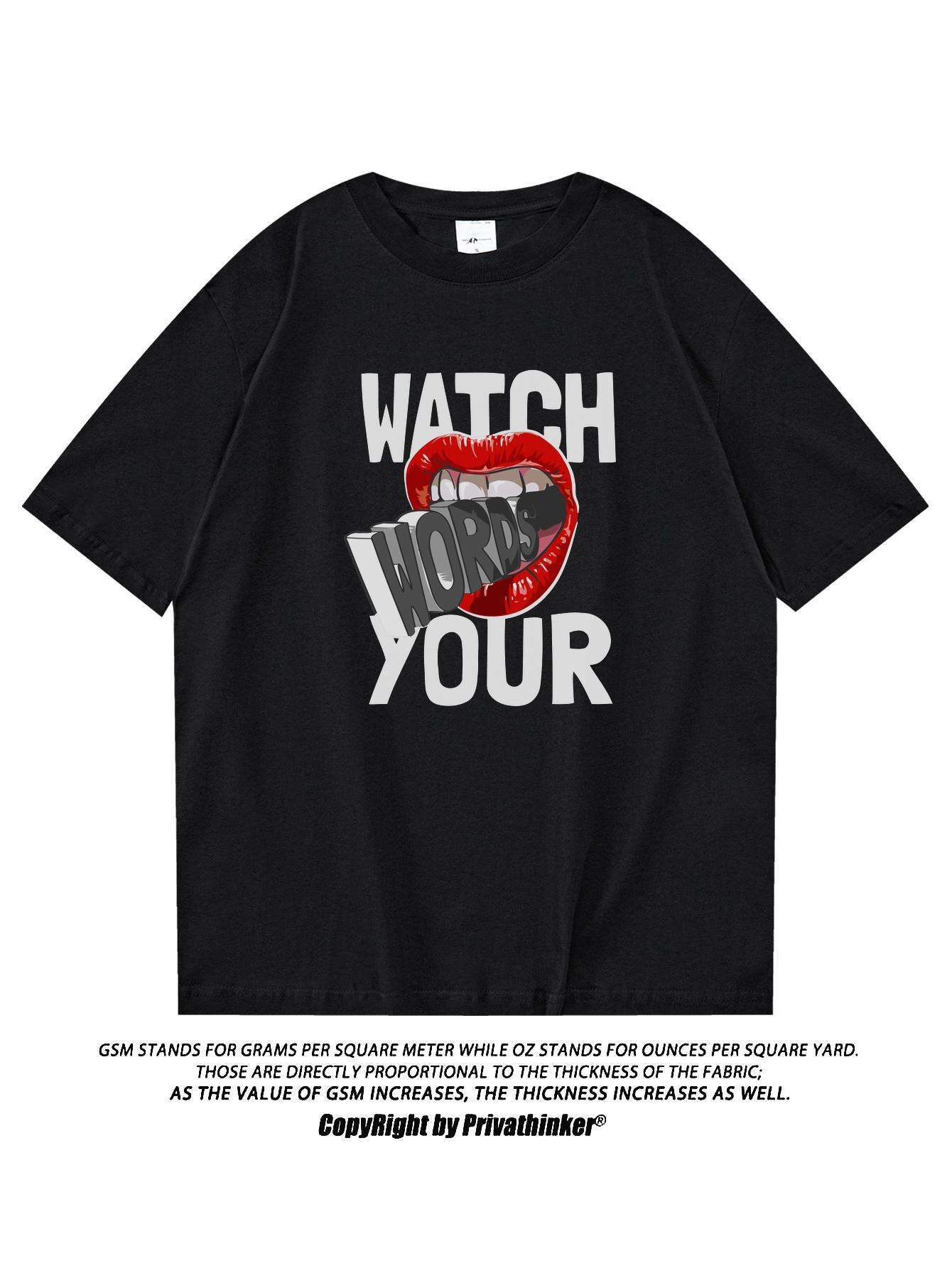 PRIVATHINKER "Watch Your Words" Graphic Tee for Men - Oversized, 100% Cotton, Short Sleeve, Casual Summer Streetwear with Red Lip & Lightning Bolt Design, Machine Washable