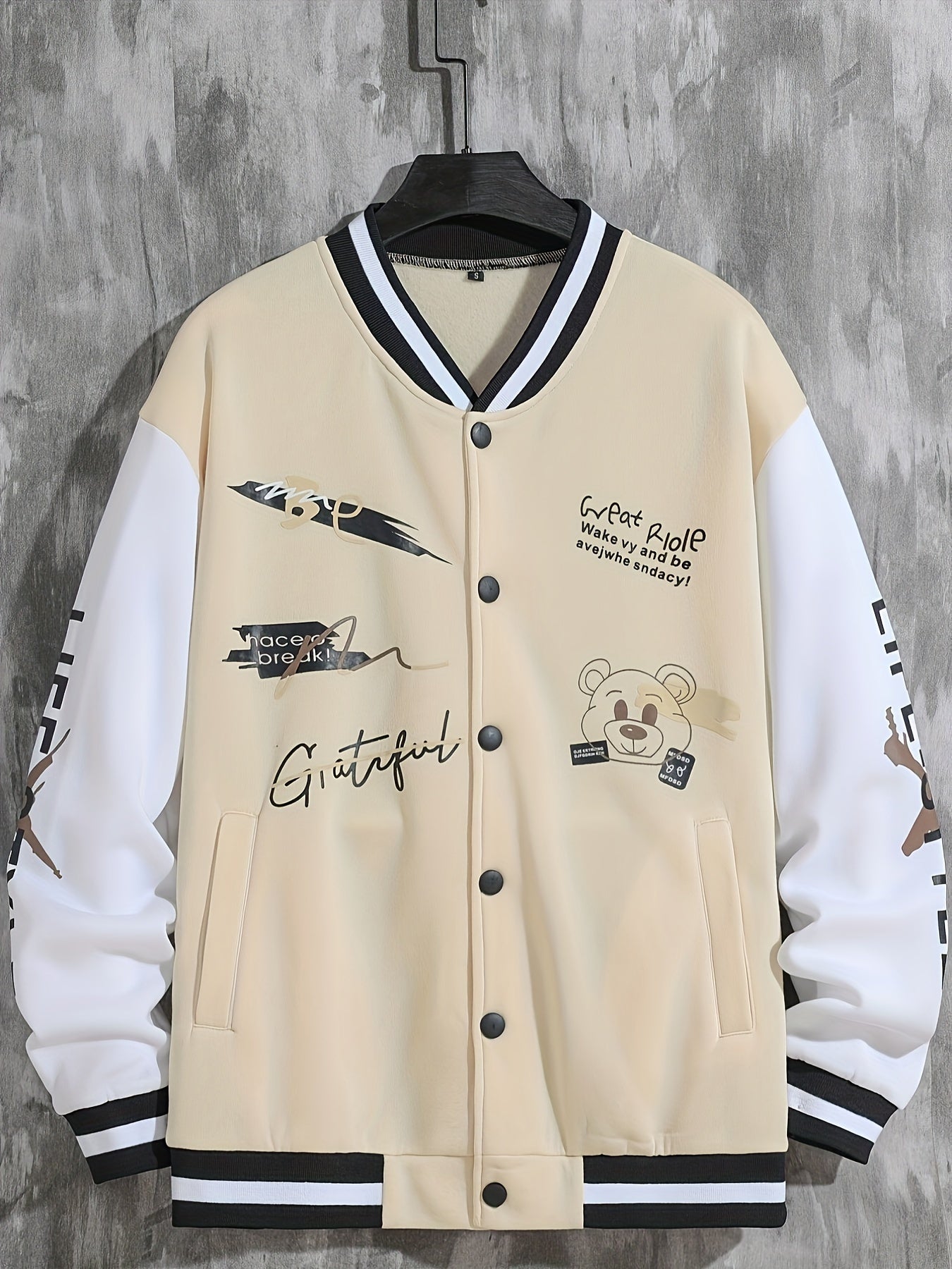 Men'S Casual Baseball Jacket, Polyester 100% Knit Fabric, Long Sleeve with Alphabet Pattern, Regular Length, Button Closure, Baseball Collar, Single Breasted Placket, Loose Fit, 200g/m² Weight - Spring/Fall Fashion