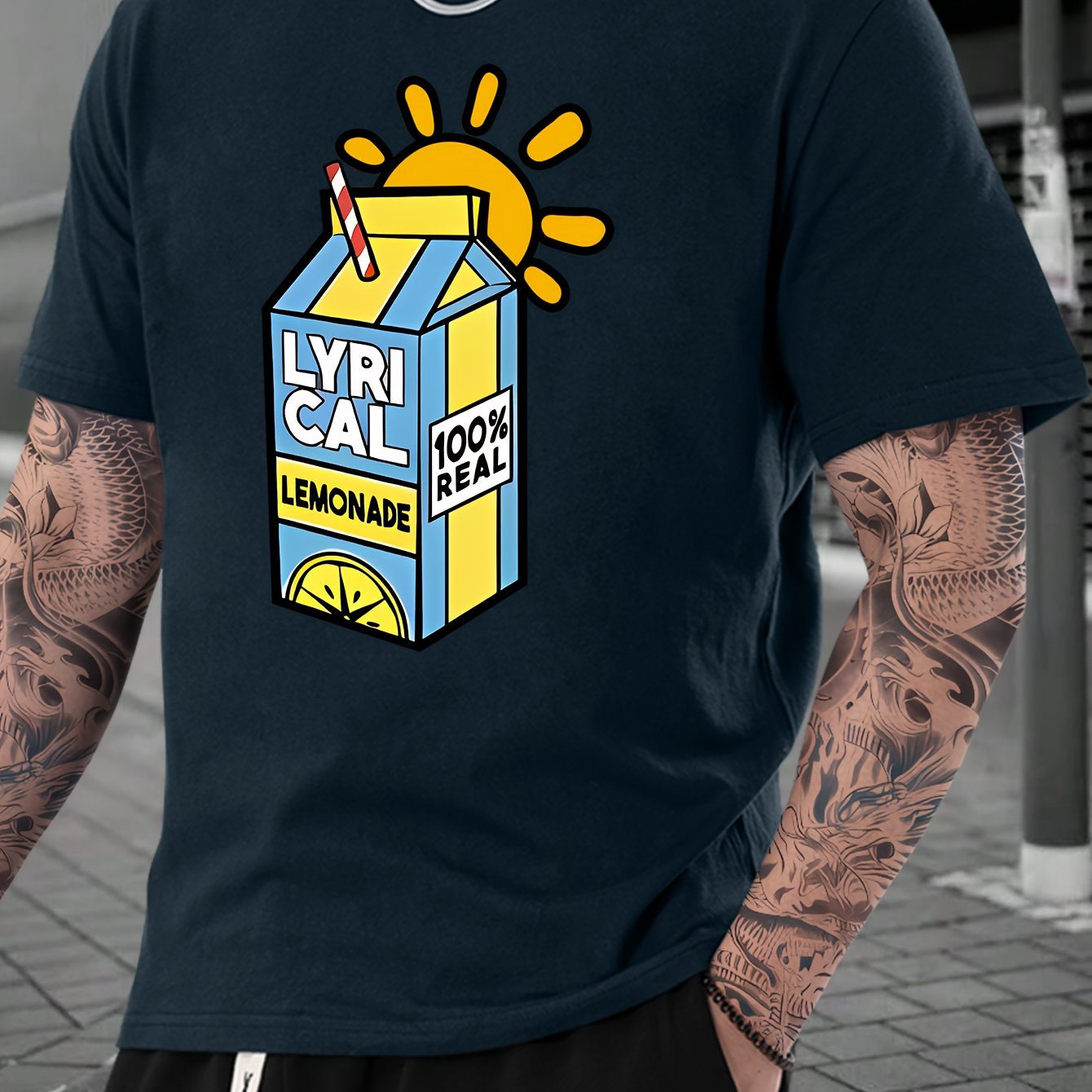 Lemonade Print, Men's Crew Neck Short Sleeve Fashion T-Shirt, Casual Comfy Top For Spring & Summer Holiday Leisure Vacation, Men's Clothing As Gift