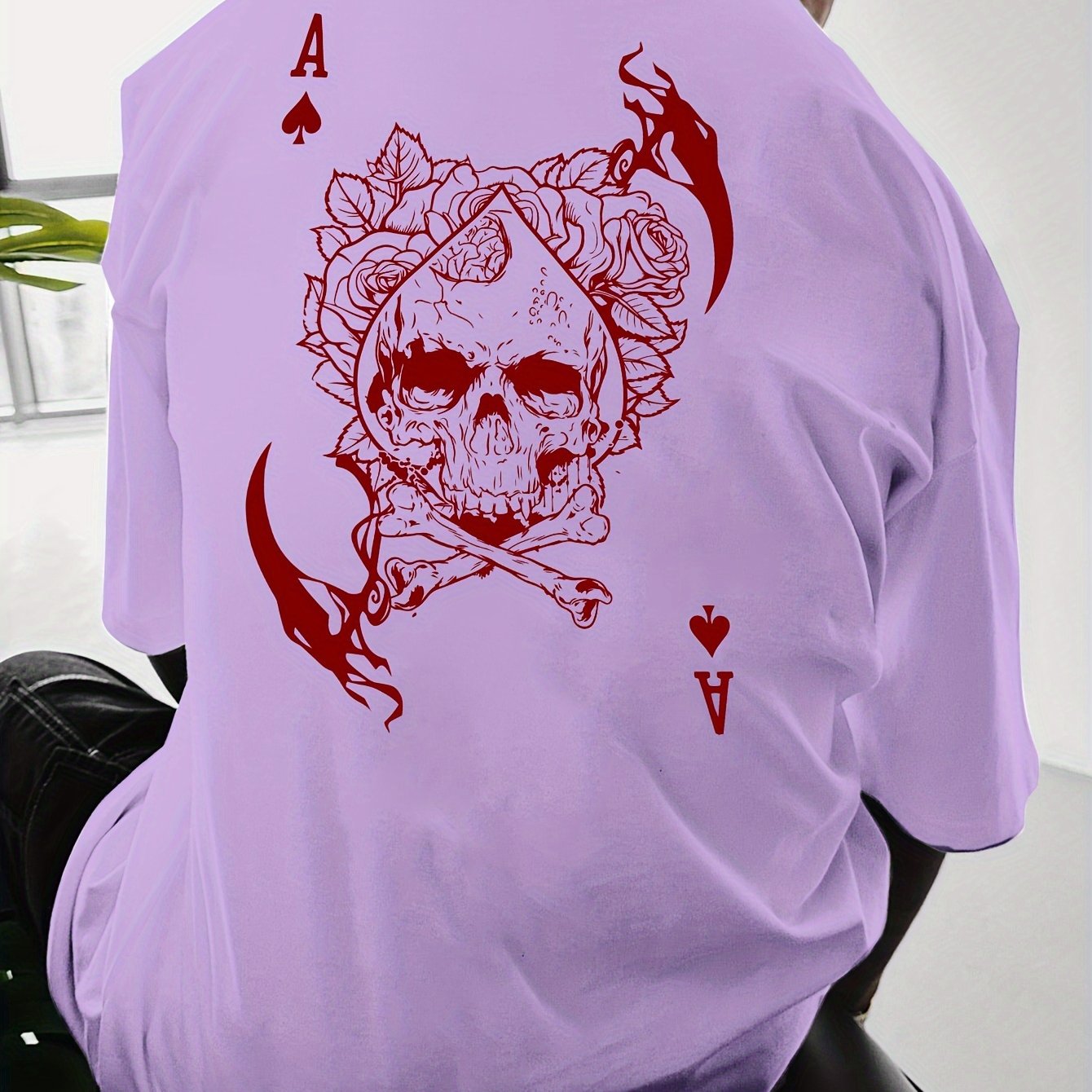 Men's Casual Hip-Hop Street Style Death Skull Ace of Spades Print T-Shirt - Loose Fit, Round Neck, Polyester Knit Fabric, Summer Collection