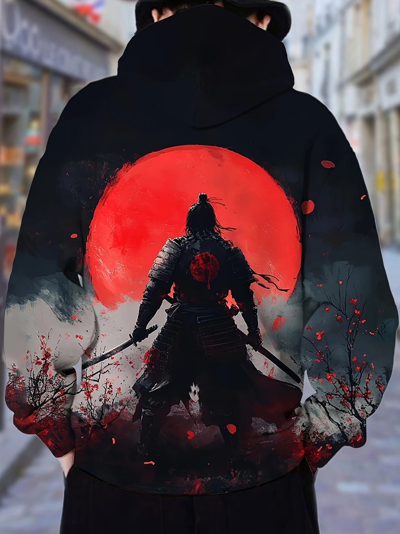 Men's Samurai & Red Moon Cherry Blossom 3D Print Hoodie - Casual Pullover with Kangaroo Pocket, Polyester, Machine Washable, Autumn Winter, Hooded Sweatshirt