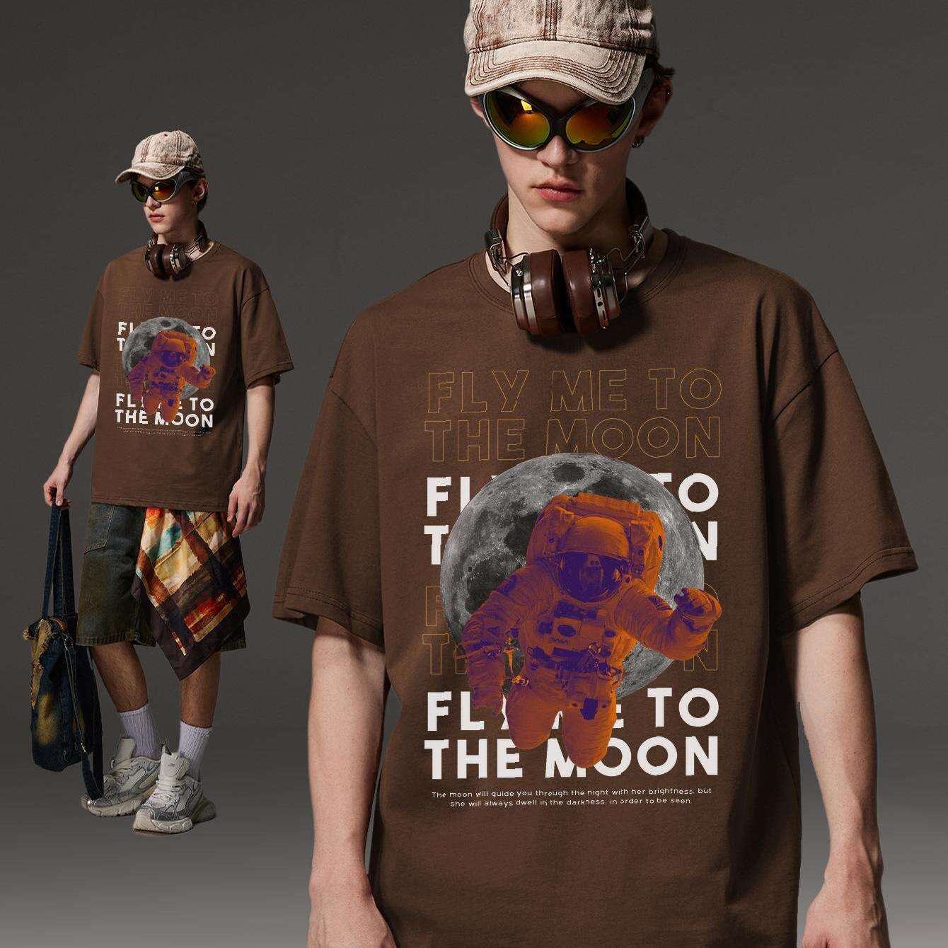 PRIVATHINKER Men's "Fly Me to The Moon" Graphic Tee - 100% Cotton, Oversized & Lightweight, Casual Summer Streetwear with Astronaut & Moon Design, Short Sleeve, Round Neck