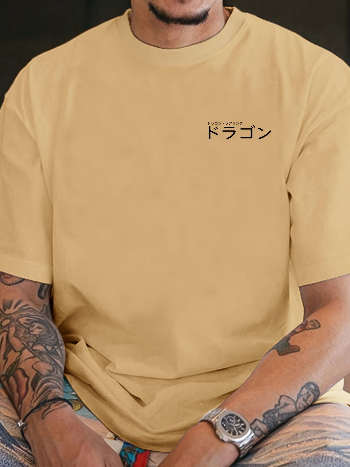 Men's Casual Dragon Print T-Shirt - Loose Fit, Round Neck, Polyester Blend, Summer Wear