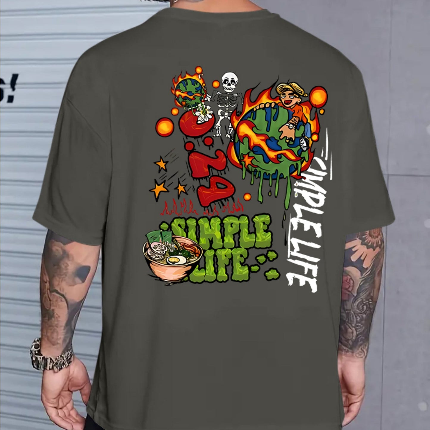 Men's Casual Vintage-Style Earth Skull Graphic Tee - Loose Fit, Breathable Polyester, Machine Washable, Round Neck T-Shirt with Unique Print Design, PLUS SIZE