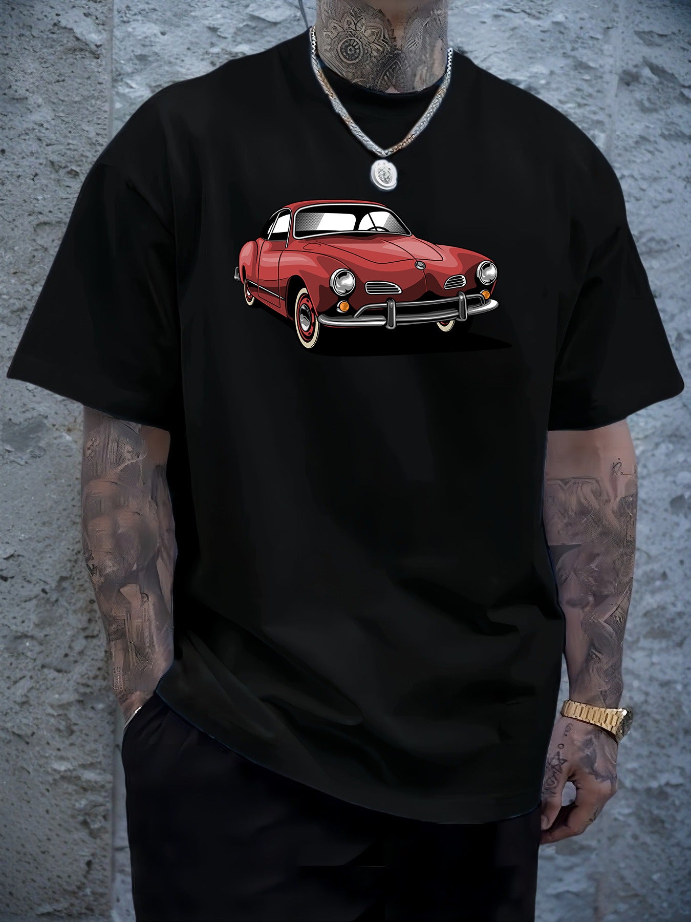 Men's Navy Blue Graphic Tee with Vintage Car Illustration - Casual & Sporty Polyester Round Neck T-Shirt, Machine Washable - Perfect for Summer Outings, Cool Oversized Tee Shirts