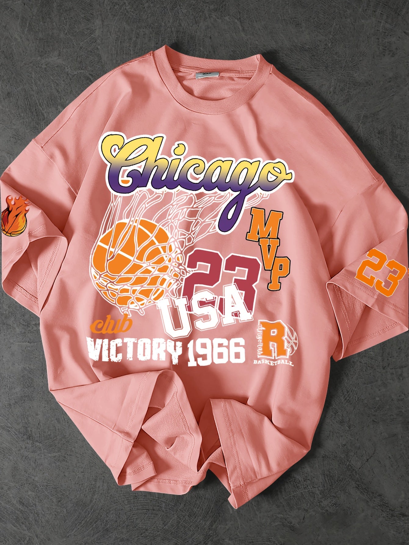 Men'S Casual Basketball Print Crew Neck T-Shirt, Polyester Knit Fabric, Loose Fit, with Slight Stretch, for Summer Tee