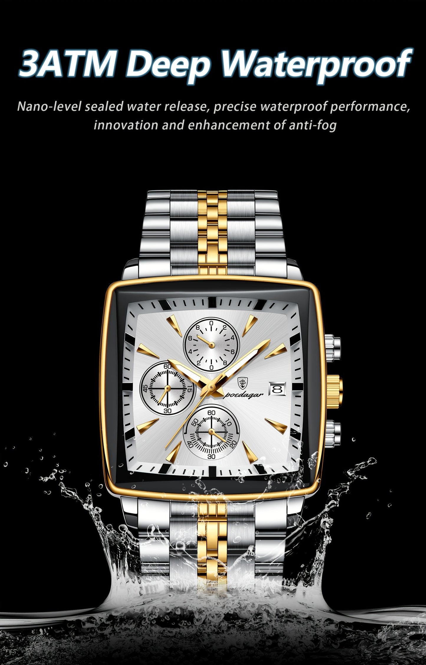 POEDAGAR Men'S Business Quartz Watch, Stainless Steel Square Dial, Luminous Hands, Date Calendar, Battery Powered, with Non-Rechargeable Button Battery, for Thanksgiving & Christmas Gifts, Water Resistant