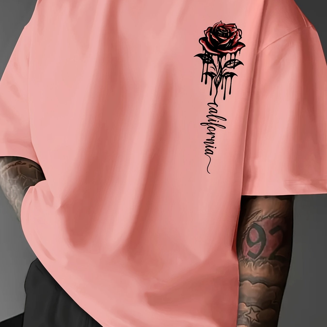 Men's Casual Rose Print T-Shirt - Loose Fit, Crew Neck, Polyester Blend, Summer Wear