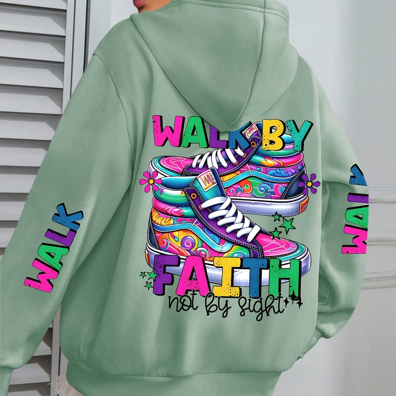 Plus Size Women's Hoodie with Colorful Walk Shoes Print - Casual Long Sleeve Pullover with Pocket, Cozy Polyester Hooded Sweatshirt for Fall & Winter, Fall Fashion Hoodie|Vibrant Shoe Design|Machine Washable Top
