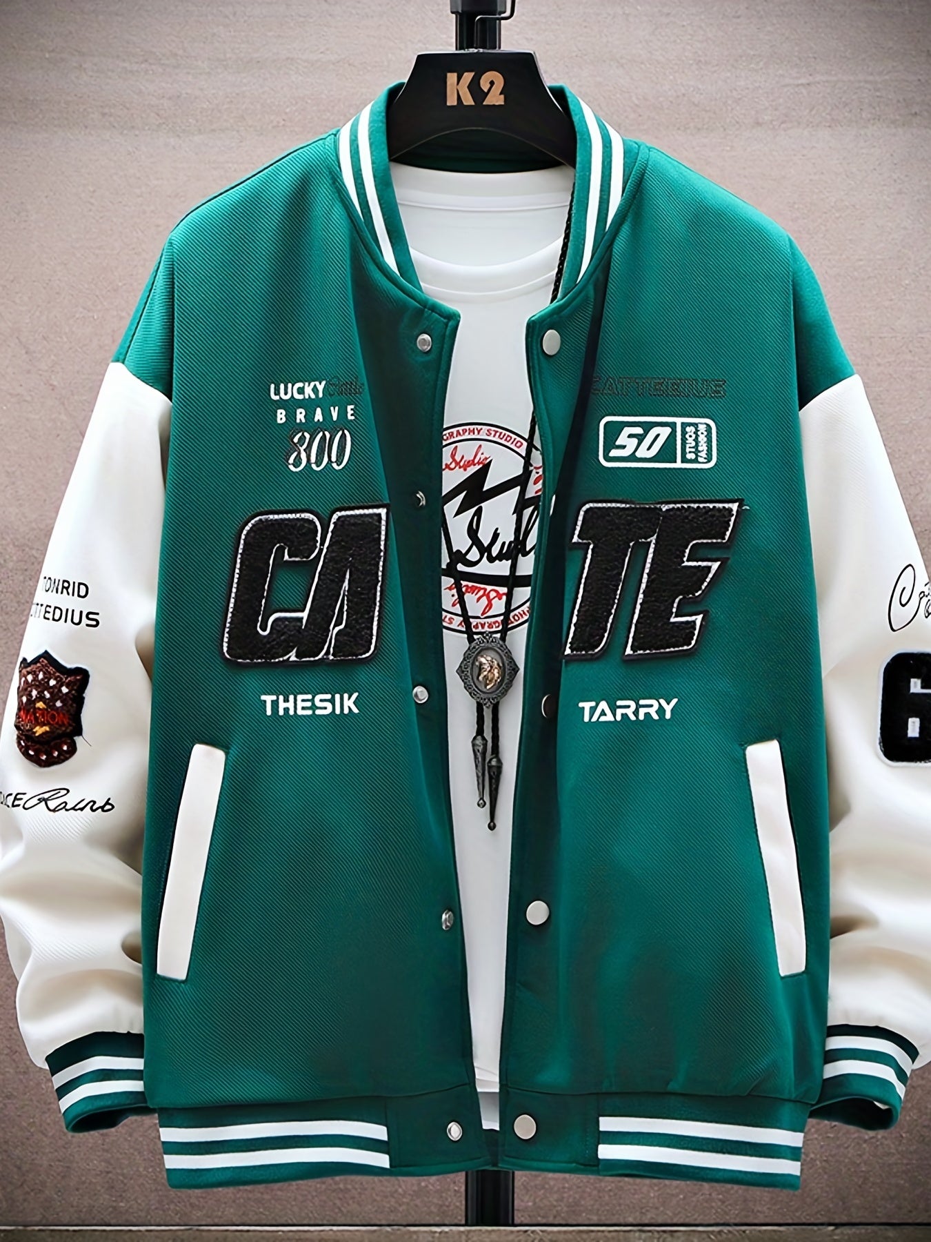 Letters Print Preppy Varsity Jacket, Men's Casual Long Sleeve Striped Button Down Baseball Jacket With Pockets For Winter Fall