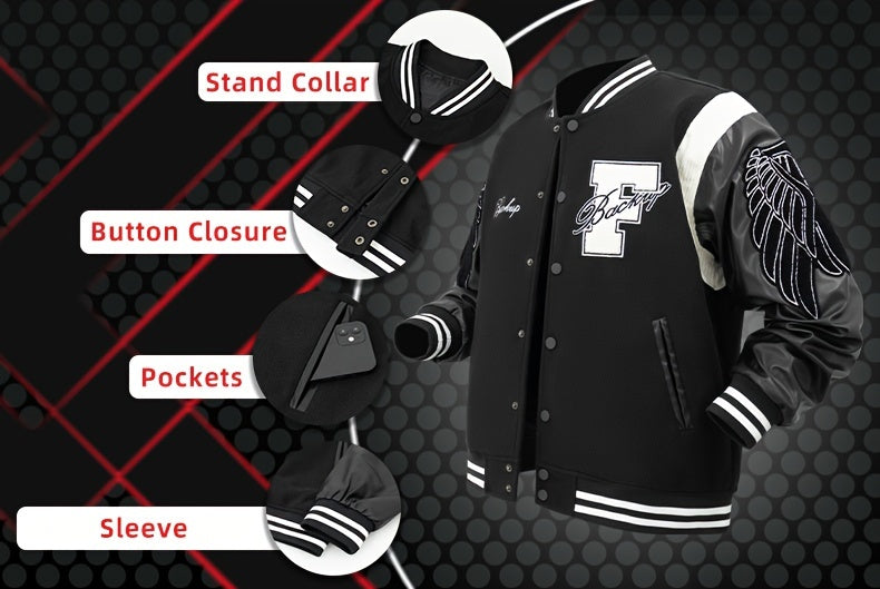 Men's Letter Double-wing Embroidery Varisty Jackets Vintage Long Sleeve PU Leather Patchwork Baseball Coats for Autumn&Winter