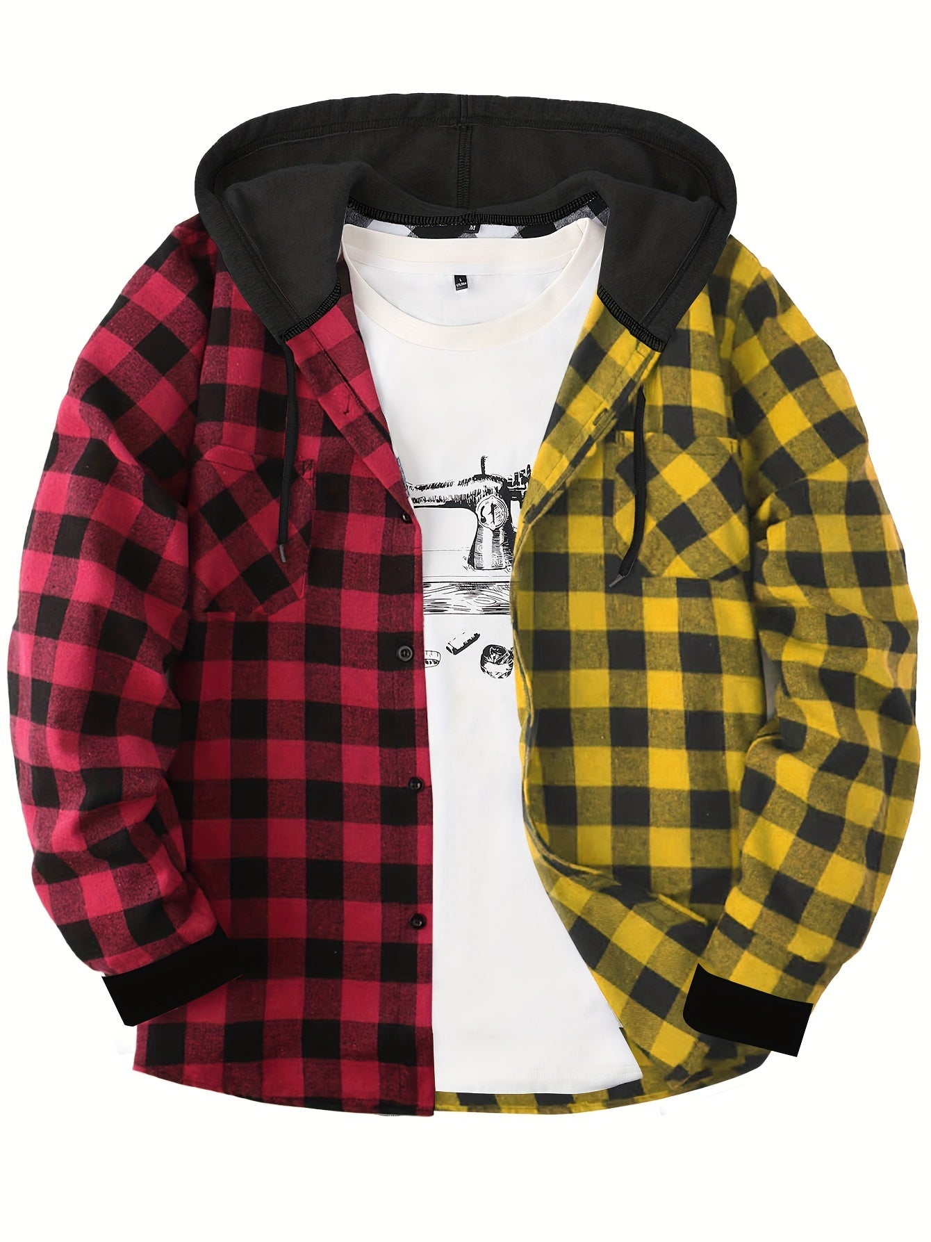 Fashionable Design Men's Plaid Pattern Hooded Long Sleeve And Button Up Shirt Jacket With Pockets, Chic And Trendy Hoodie Jacket For Outdoors Leisurewear