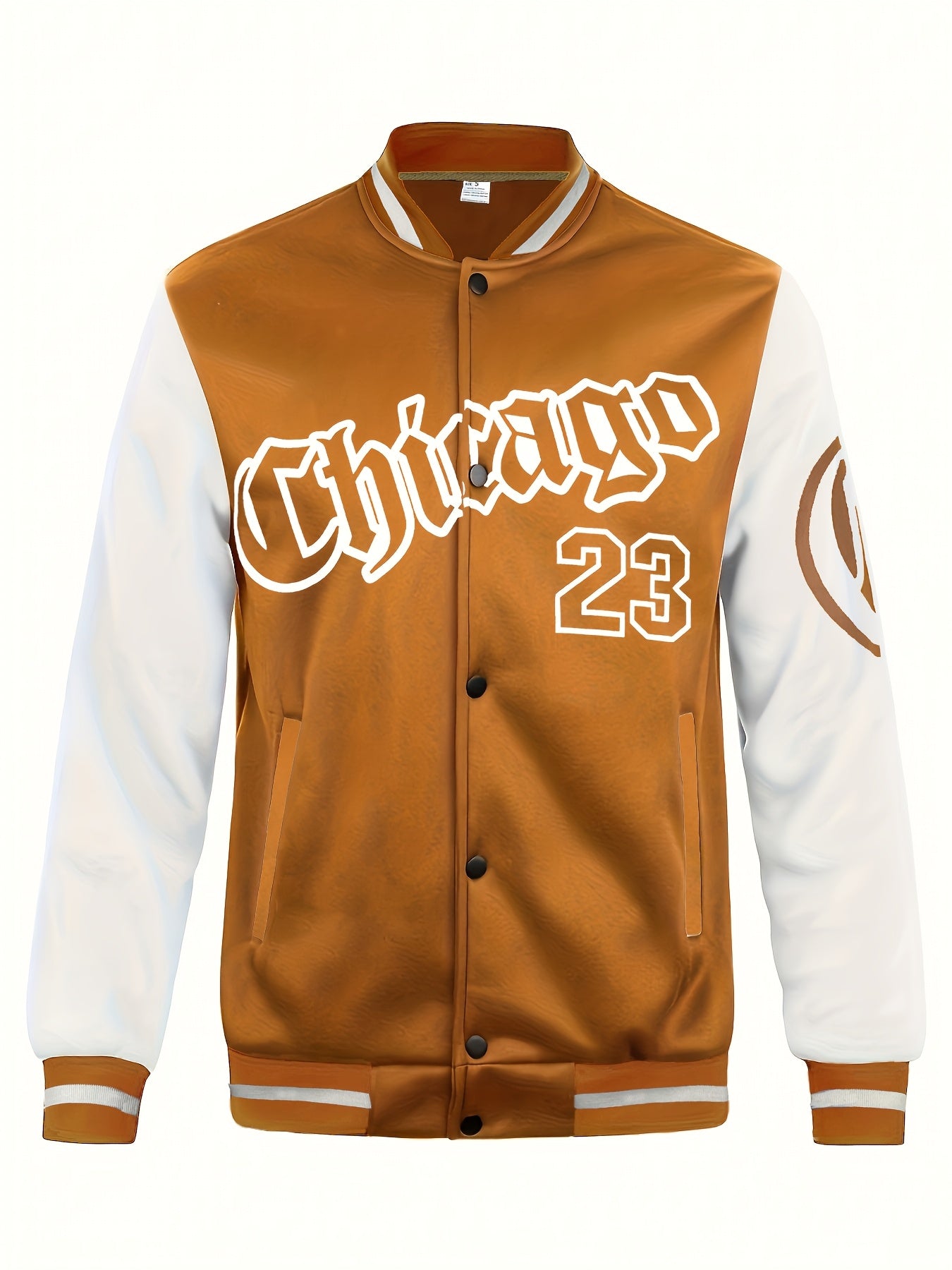 Men'S Casual Fashion Baseball Jacket, 100% Polyester Knit Fabric with Slight Stretch, Crew Neck, Button Closure, Alphabet Pattern, Regular Fit with Pockets, Polyester Lined
