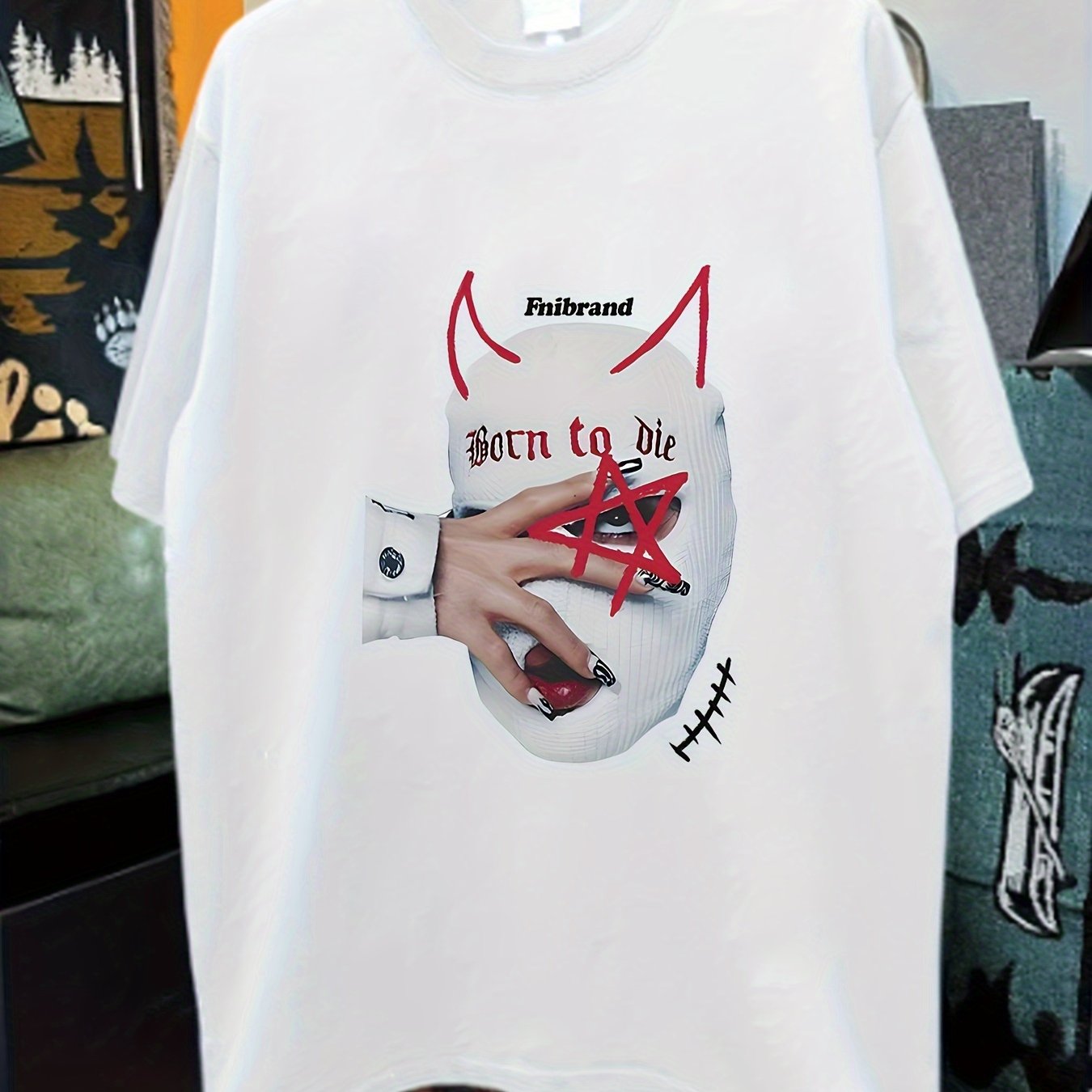 Retro-Inspired "Born to Die" Graphic Cotton Tee for Men - Loose Fit, Drop Shoulder, Short Sleeve with Unique Star and Hand Print Design, Round Neck - Casual Summer Wear