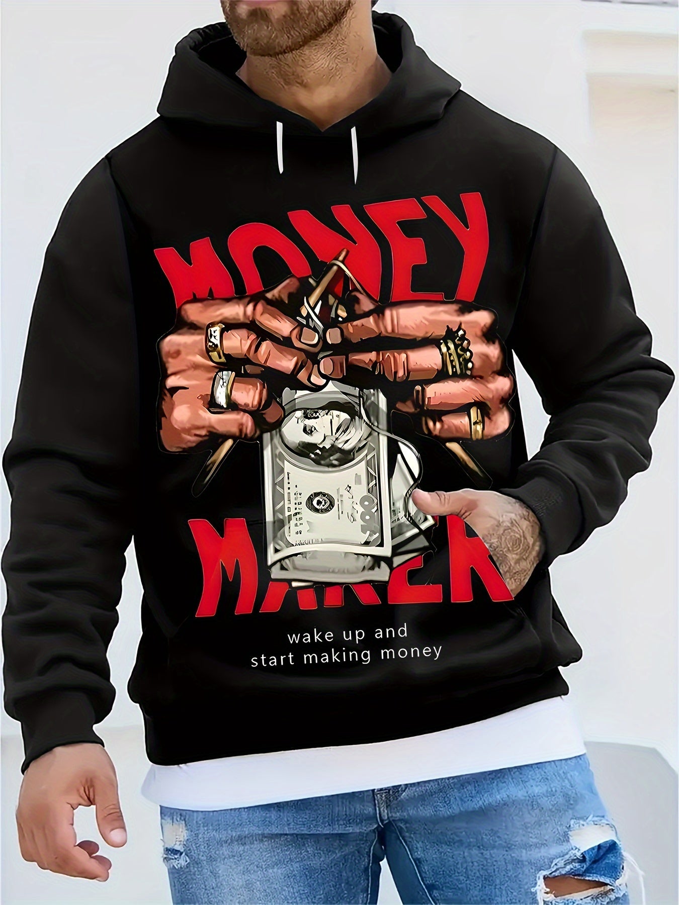 1pc Men'S Novelty Money Maker Graphic Hoodie, Street Style Polyester Pullover with Digital Print, Casual Long Sleeve Hooded Sweatshirt for Autumn/Winter, Comfortable and Warm