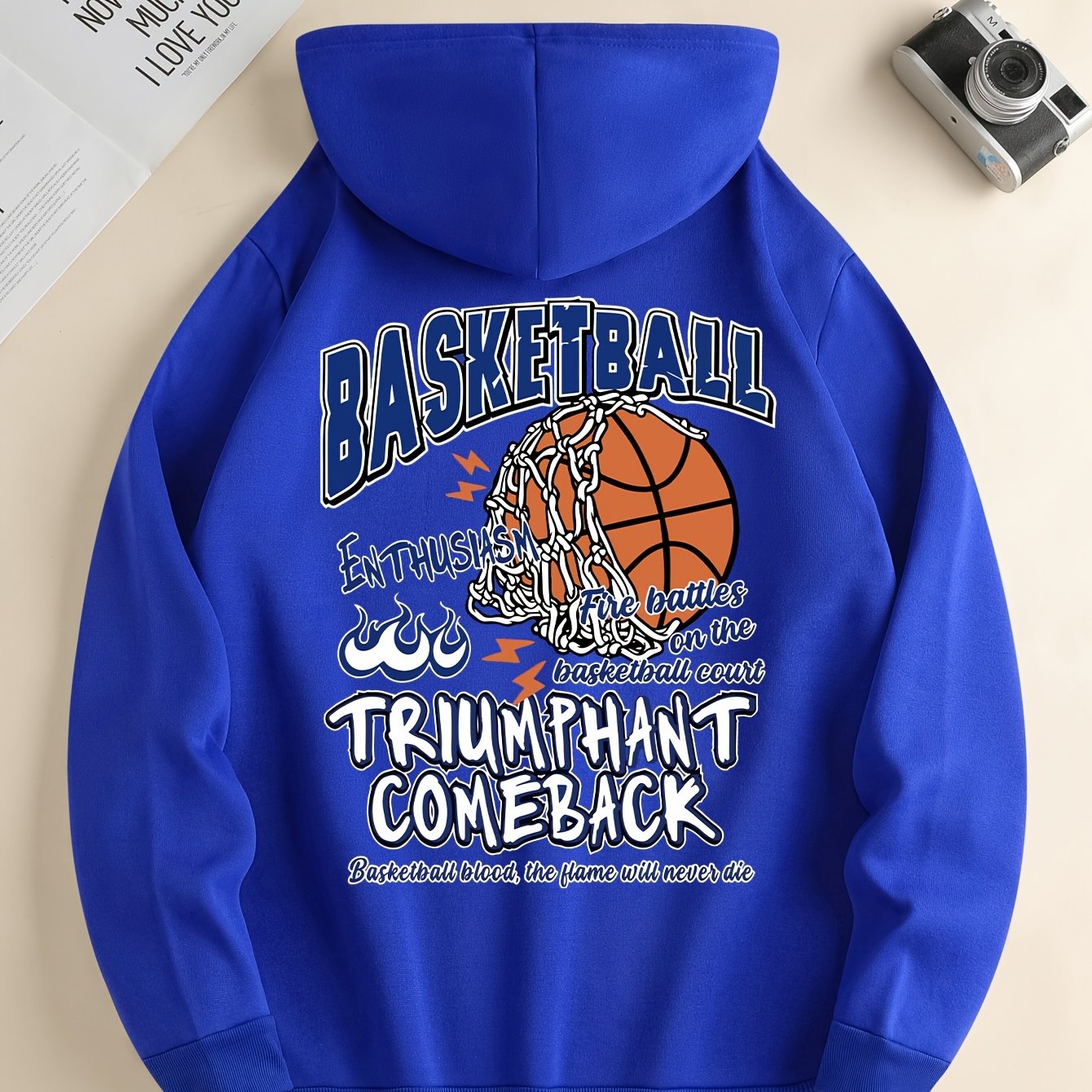 Basketball Print Kangaroo Pocket Hoodie, Casual Long Sleeve Hoodies Sweatshirt, Men's Clothing, For Fall Winter