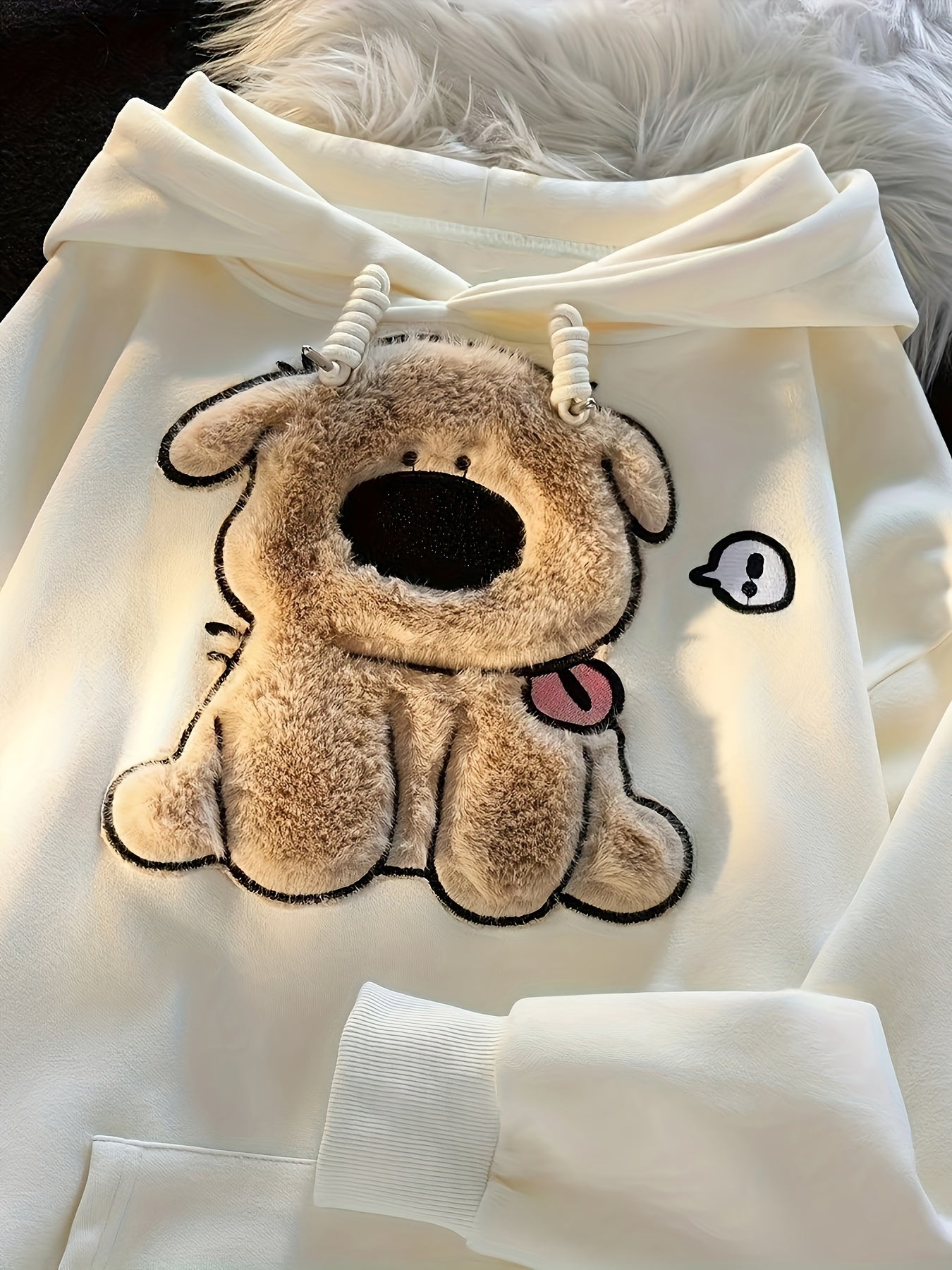 Bear Texture Drawstring Hoodie, Casual Long Sleeve Kangaroo Pocket Sweatshirt For Fall & Winter, Women's Clothing