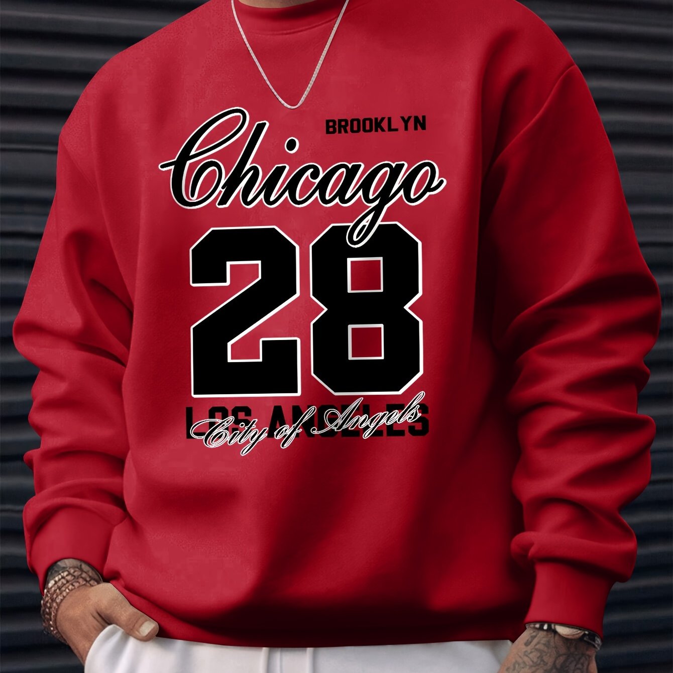 Chicago 28 Print Men's Crew Neck Long Sleeve Sweatshirt, Stylish Pullover Sweatshirt, Casual Comfortable Versatile Top For Outdoor Sports