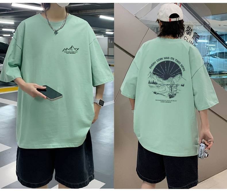 Men's Loose 100% Cotton Mountain Graphic Print T-shirt, Casual Short Sleeve Crew Neck Tee, Men's Clothing For Summer Outdoor