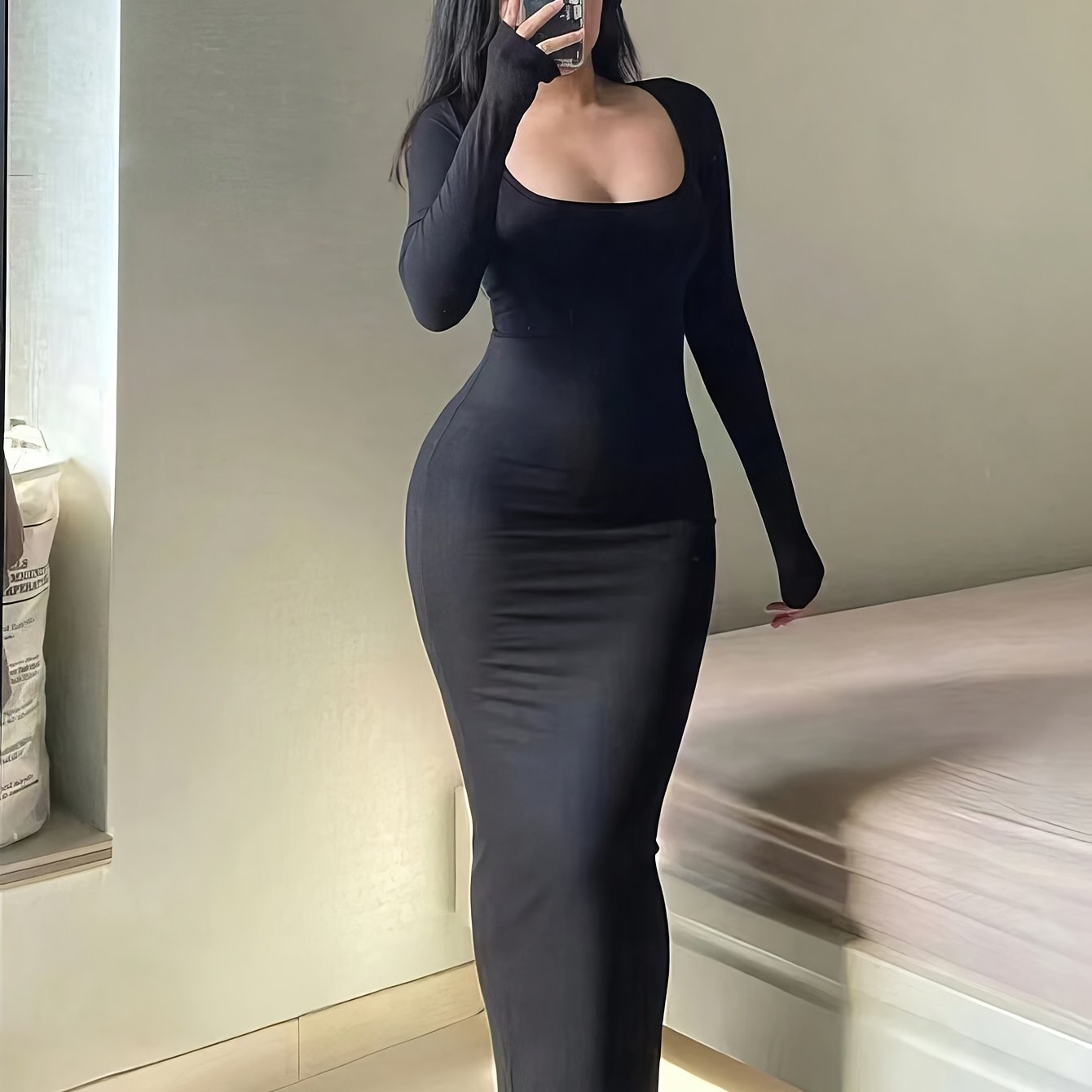 Form-Fitting, Ultra-Long Women'S Autumn Dress with Long Sleeves, Square Neckline, A-Line Silhouette, And a Sexy, Tailored Fit.