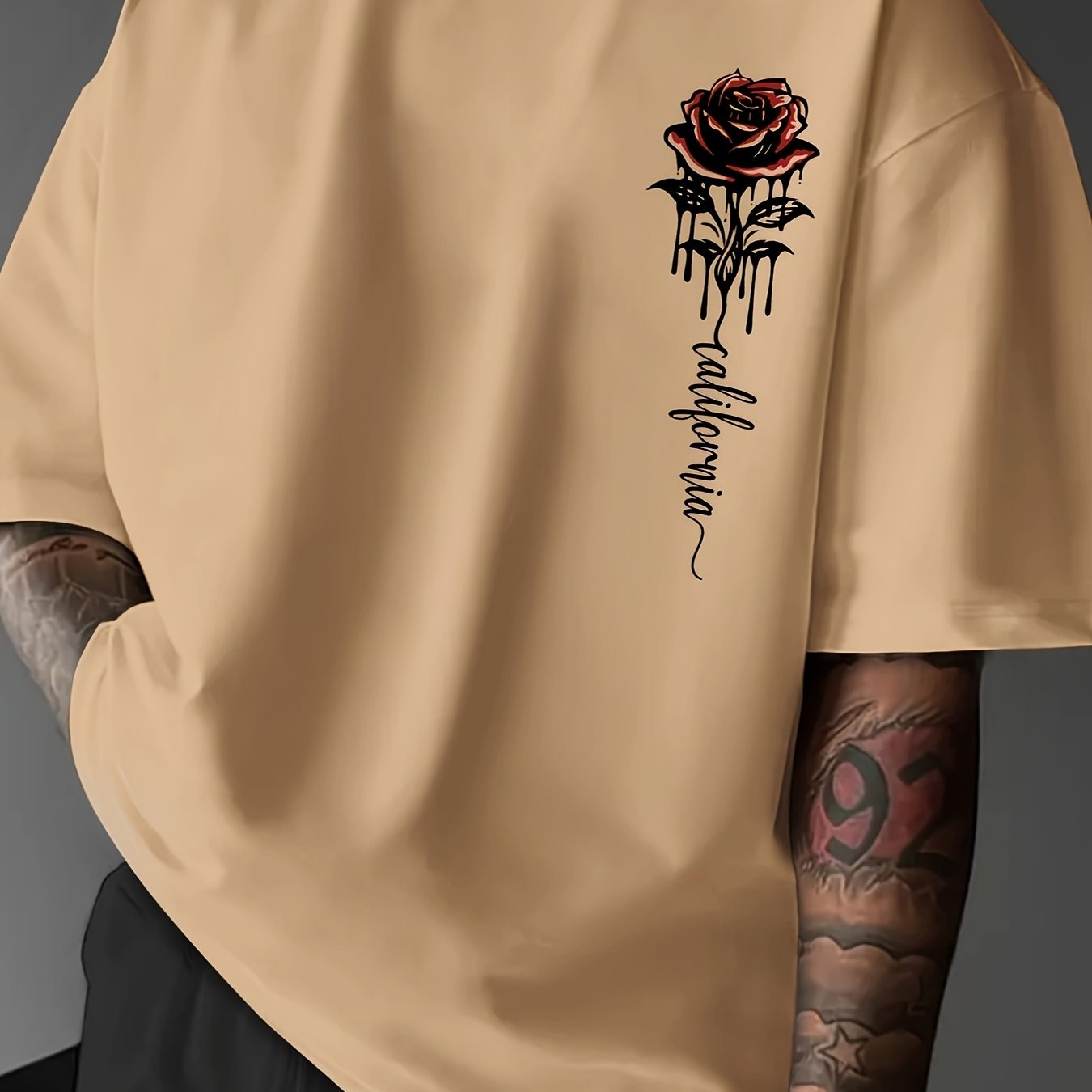 Men's Casual Rose Print T-Shirt - Loose Fit, Crew Neck, Polyester Blend, Summer Wear