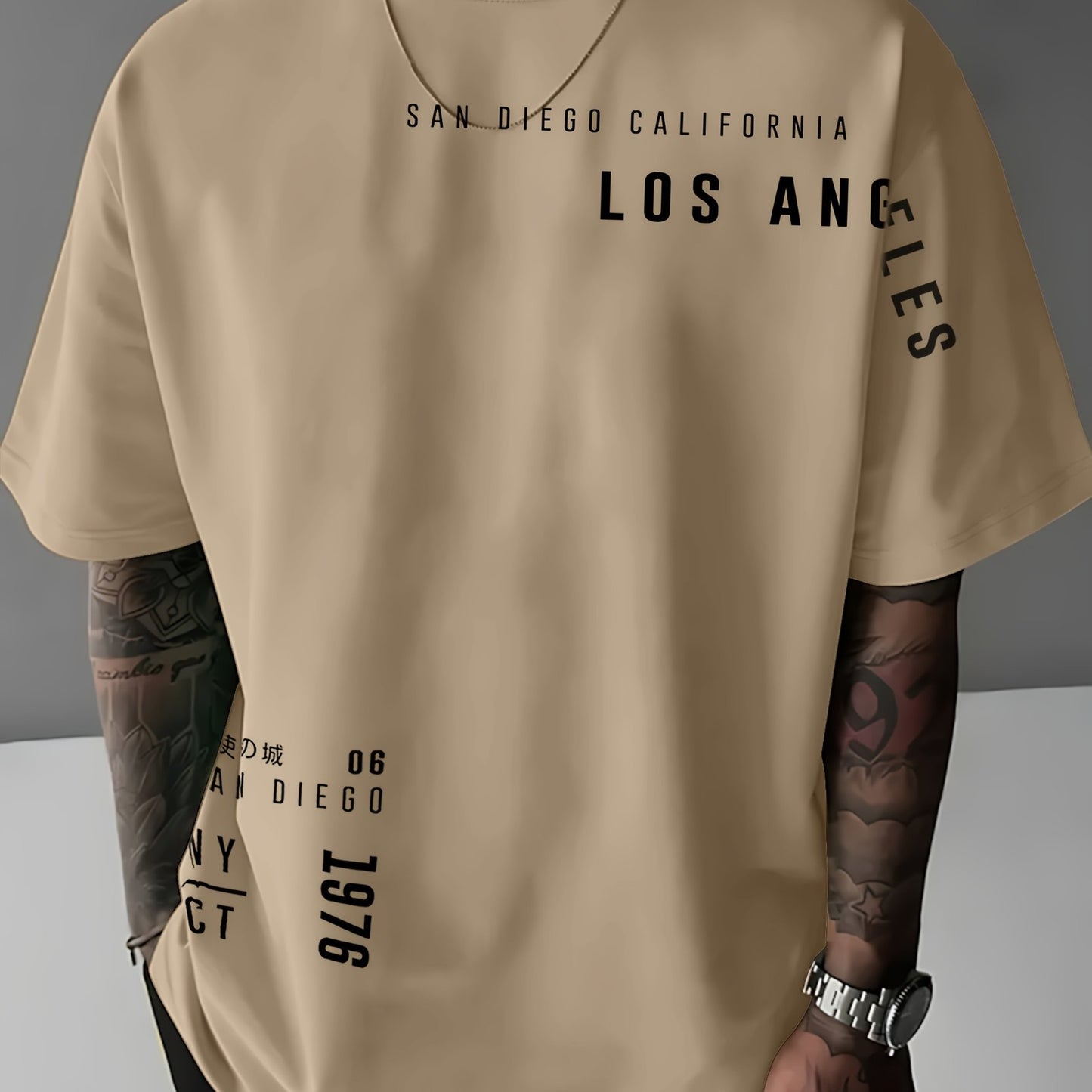 Men'S Fashion Graphic T-Shirt, Polyester Knit Fabric, Street Style, Loose Fit, with "LOS ANGELES" Print, for Summer Casual Short-Sleeve Crew Neck Tee with Slight Stretch