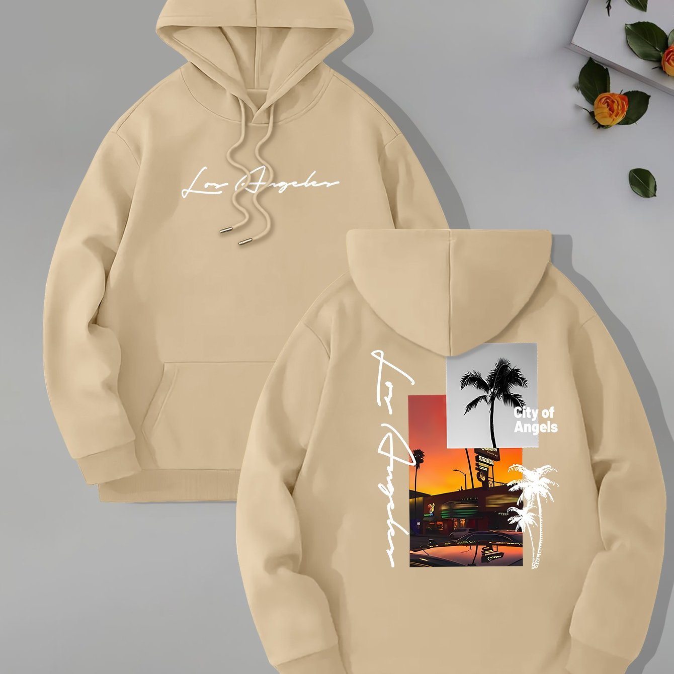 Beach Los Angeles Print Men's Pullover Hoodie, Kangaroo Pocket Long Sleeve Hooded Sweatshirt, Loose Casual Tops, Men's Clothes For Fall Winter