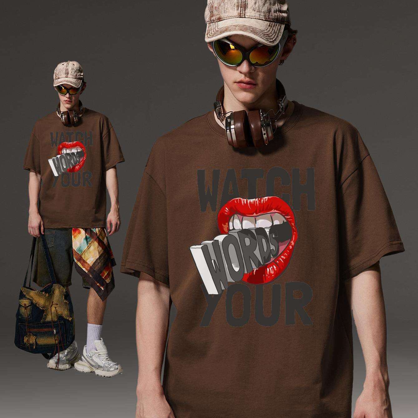 PRIVATHINKER "Watch Your Words" Graphic Tee for Men - Oversized, 100% Cotton, Short Sleeve, Casual Summer Streetwear with Red Lip & Lightning Bolt Design, Machine Washable