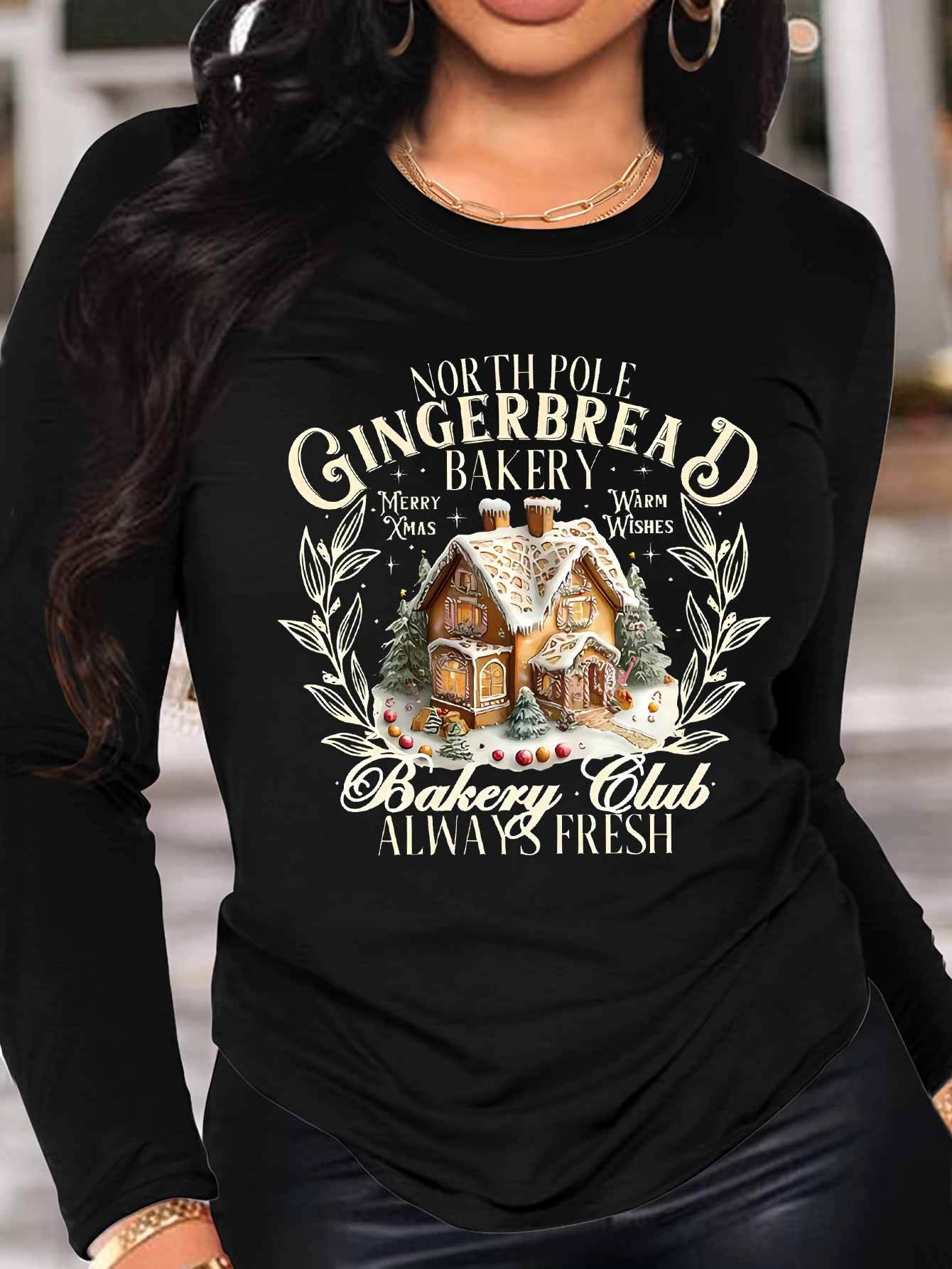 1pc Elegant North Pole Gingerbread House Graphic Long Sleeve T-Shirt, Crew Neck Polyester Knit Fabric, Casual Streetwear for All Seasons