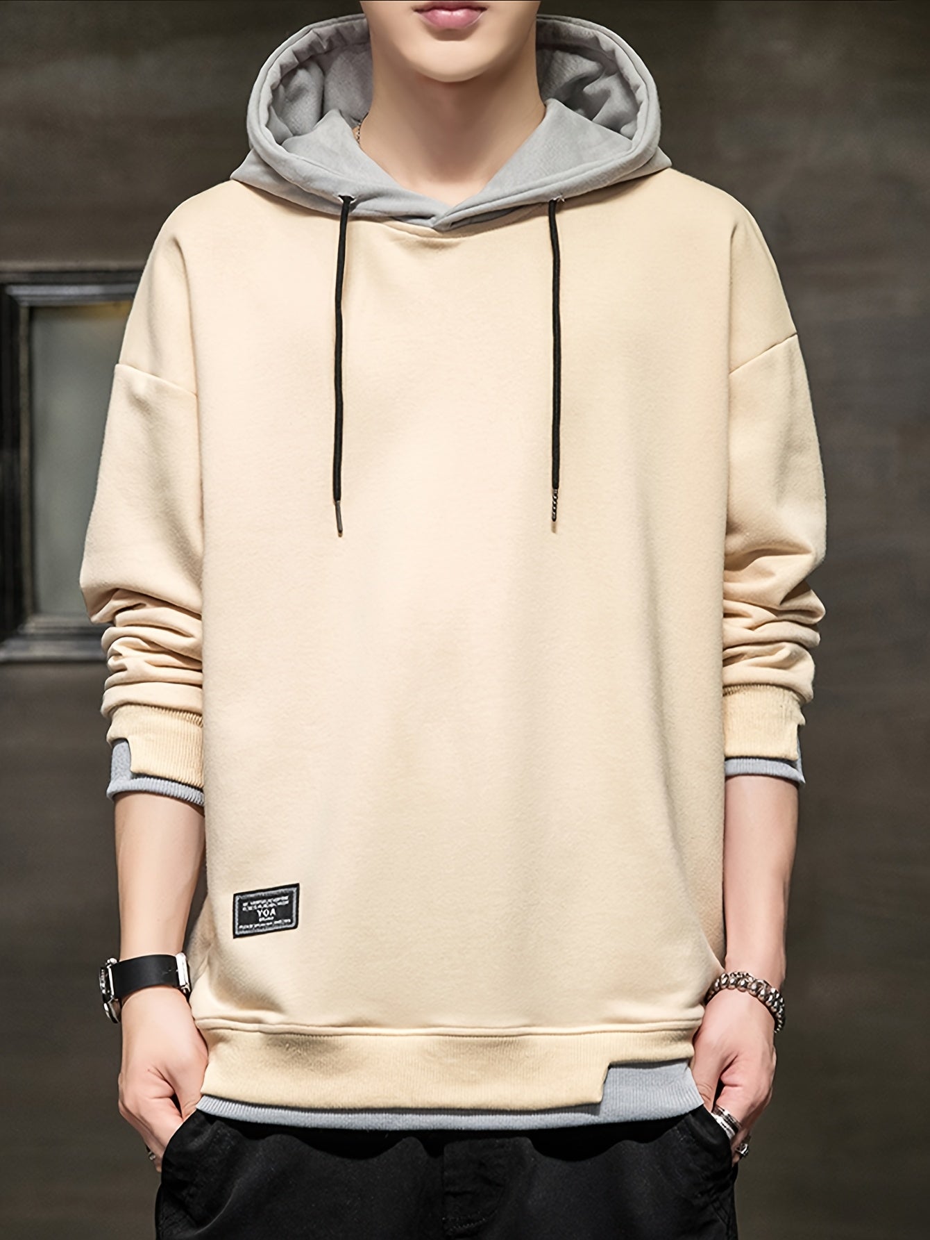 Men'S Fashion Casual Hooded Sweatshirt, 100% Polyester Knit Fabric, Long Sleeve, Loose Fit Pullover with Geometric Applique Design, Medium Stretch, for Spring/Autumn Trendy Streetwear