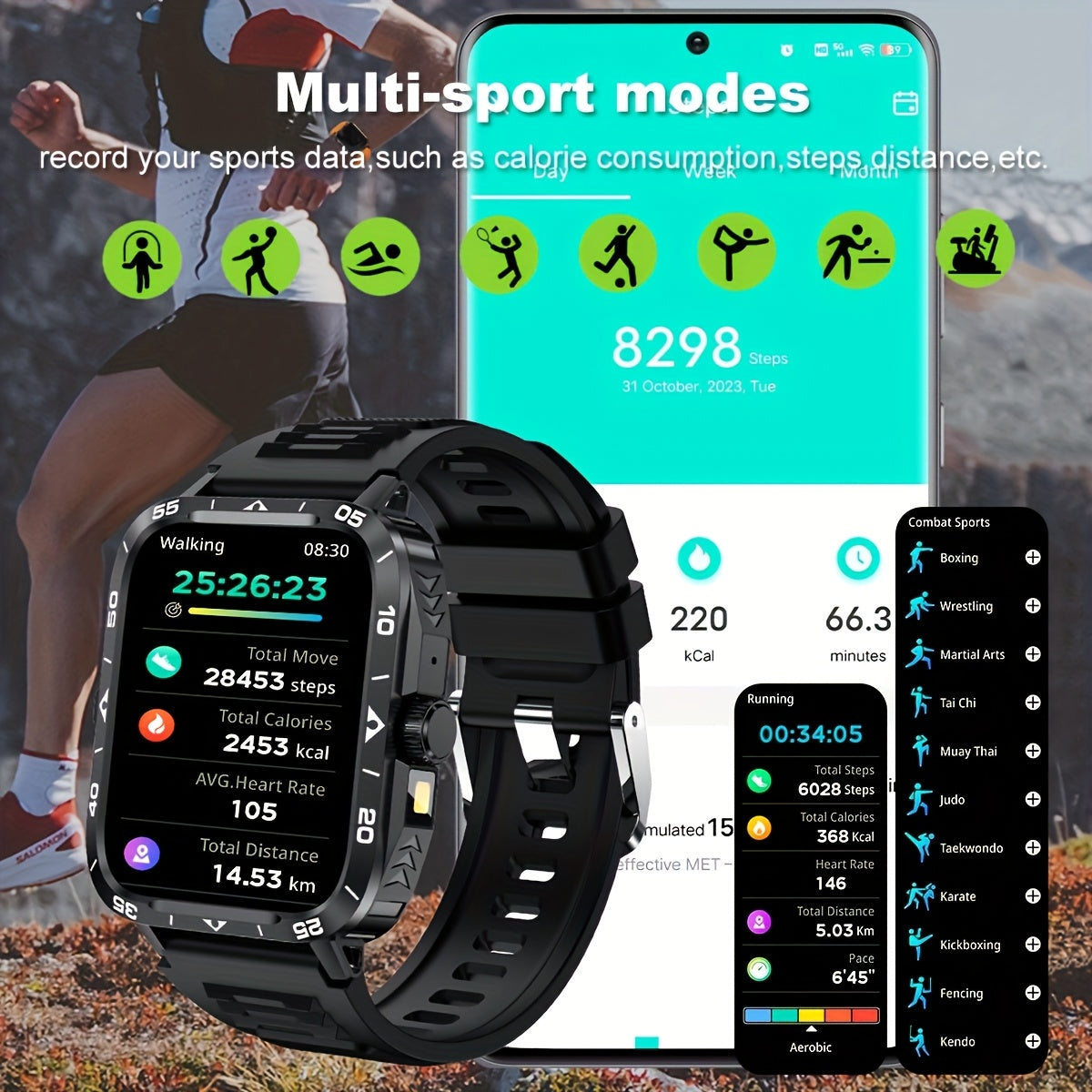 Smart Watch with LED Flashlight, 4.95cm Display, Compatible with Android & Iphone, 100+ Sports Modes, Customizable Watch Faces, Calorie & Step Counter, Water-Resistant, USB Charging, Wireless 5.1, TFT Screen, PC Case, Silicon