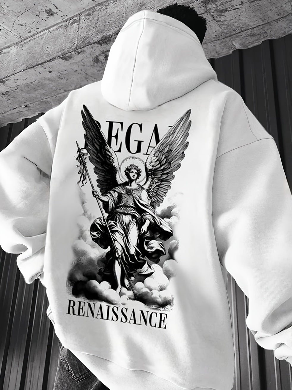 1pc Men'S Casual French Terry Hoodie with Angel Renaissance Print, Non-Stretch Knit Fabric, Loose Fit with Pockets, Alphabet Pattern, Comfortable Commuter Fashion Sweatshirt