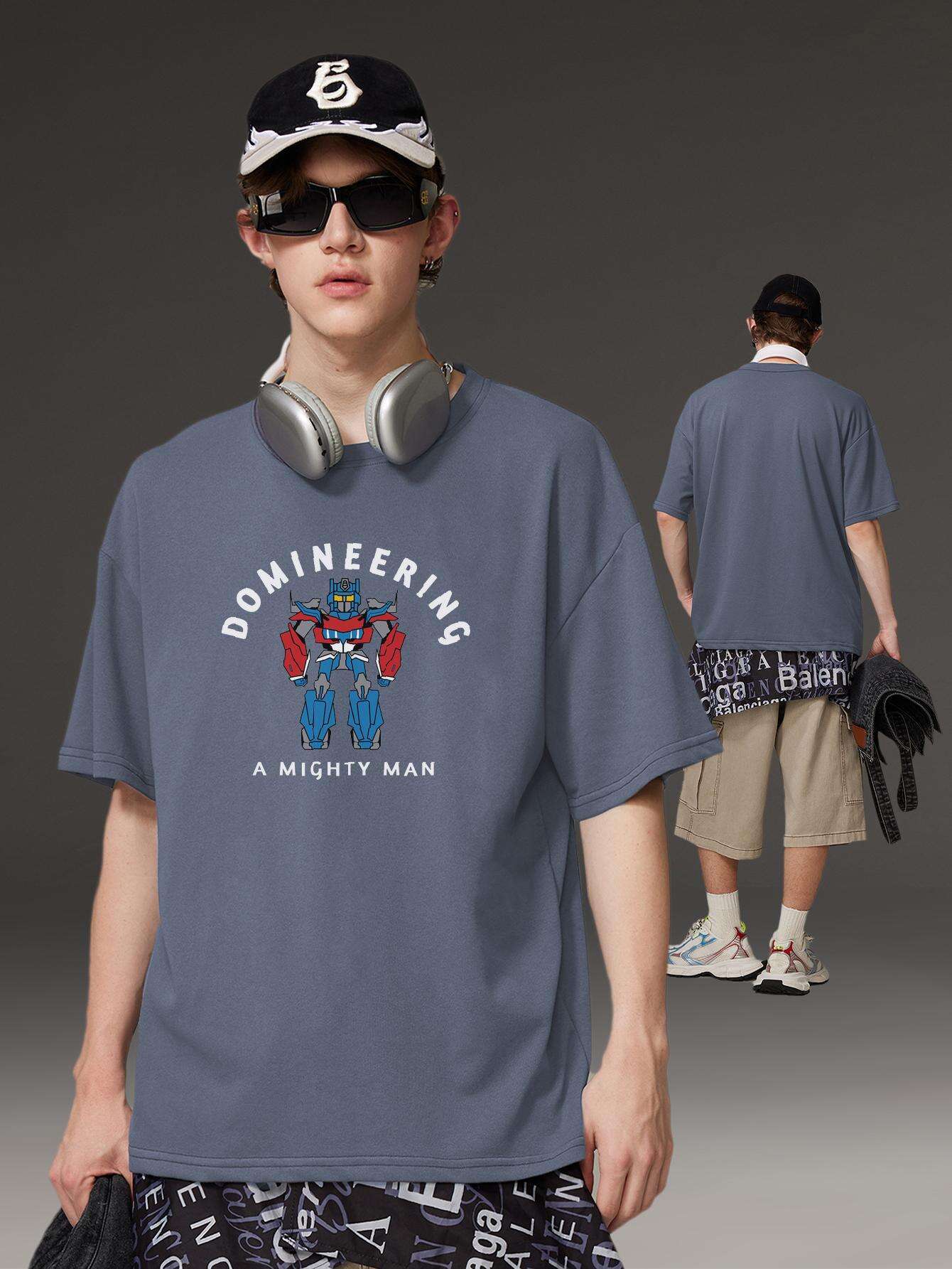 PRIVATHINKER "Domineering A Mighty for Man" Graphic Tee - 100% Cotton, Oversized Casual Hip Hop Style, Short Sleeve T-Shirt with Robot Print, Summer Streetwear for Men and Women