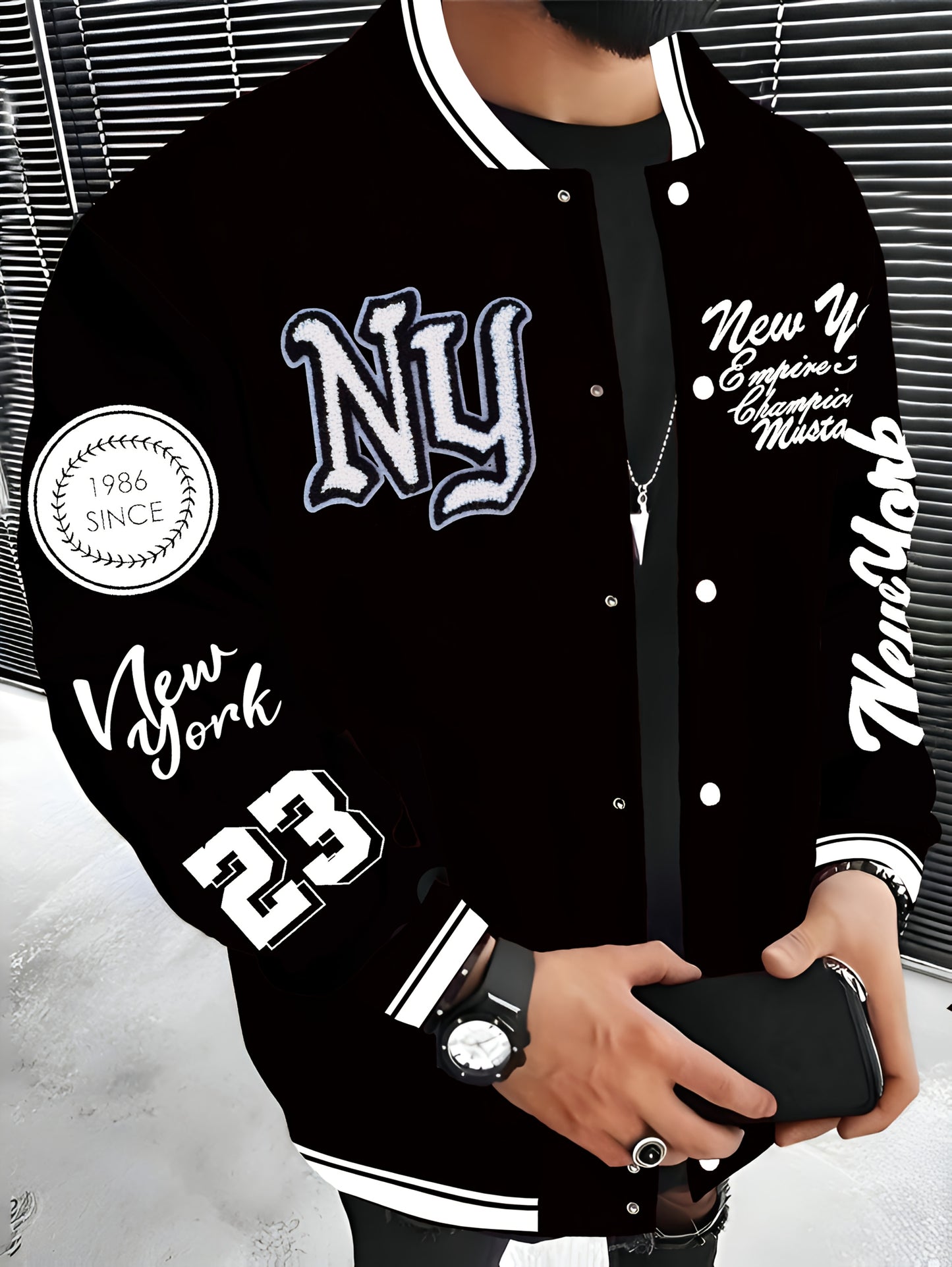 New York Embroidered Varsity Jacket - Men's Casual Fleece-Lined Baseball Coat, Lightweight & Warm for Fall/Winter, Machine Washable, Autumn, Hip Hop, Christmas & New Year, Leisure Style, Leisure Outing Occasion, Conventional