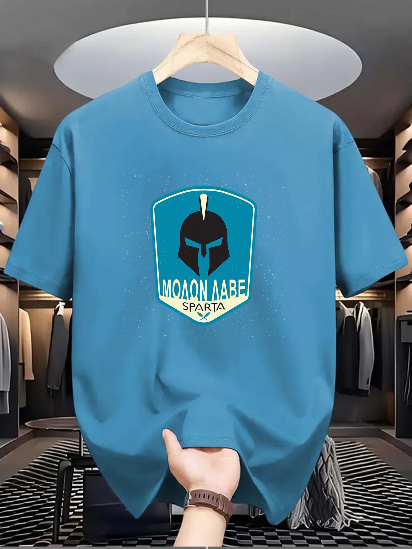 Men's SPARTA Graphic Tee - Beige Crew Neck Short Sleeve T-Shirt with Blue Spartan Helmet Design, 100% Polyester, Casual Summer Wear for Everyday & Special Occasions, Cool Oversized Tee Shirts
