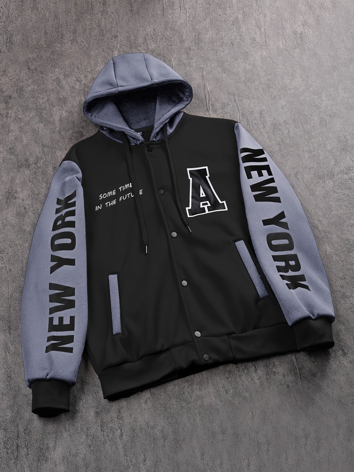 1pc Men'S Casual Knit Fabric Hooded Jacket with Letter Print, Long Sleeve, Snap Closure, Pocket Detail, No Lining - Daily & Casual Wear Baseball Style Hoodie