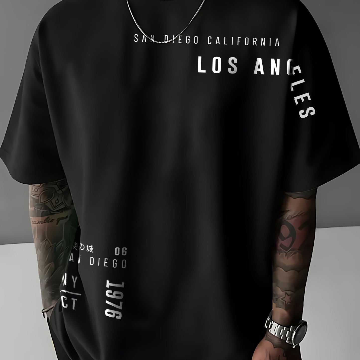 Men'S Fashion Graphic T-Shirt, Polyester Knit Fabric, Street Style, Loose Fit, with "LOS ANGELES" Print, for Summer Casual Short-Sleeve Crew Neck Tee with Slight Stretch