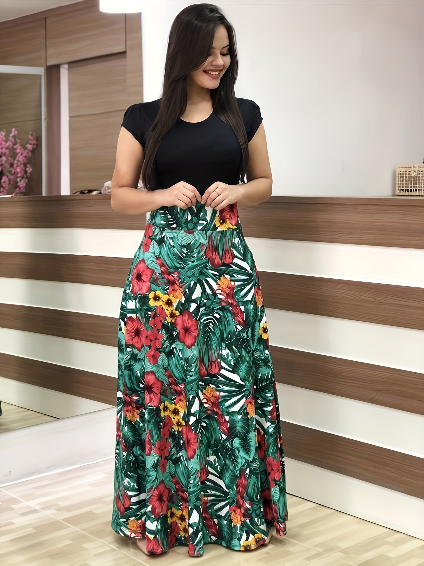 Floral Print Splicing Maxi Dress, Casual Crew Neck Short Sleeve Dress For Spring & Summer, Women's Clothing
