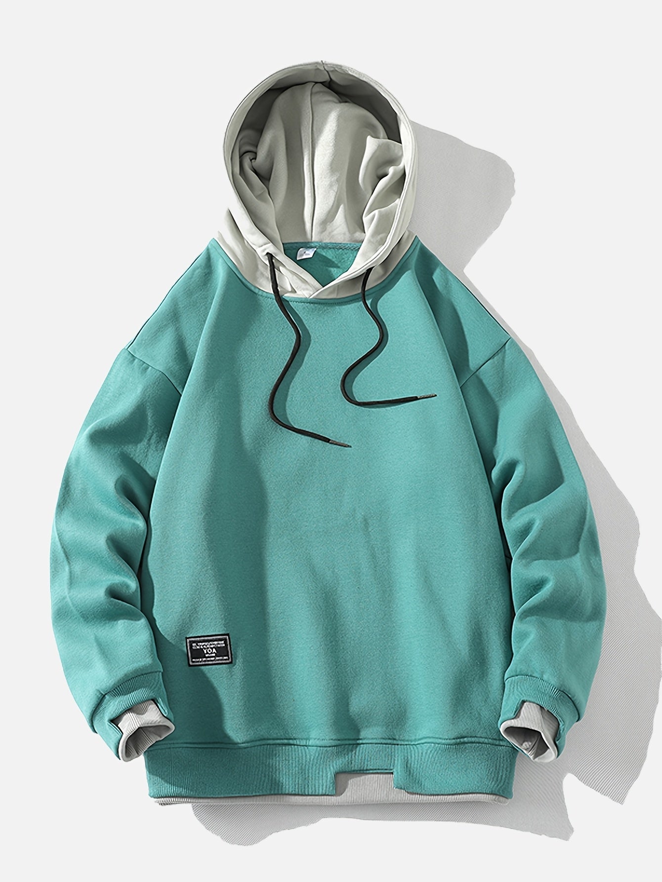 Men'S Fashion Casual Hooded Sweatshirt, 100% Polyester Knit Fabric, Long Sleeve, Loose Fit Pullover with Geometric Applique Design, Medium Stretch, for Spring/Autumn Trendy Streetwear