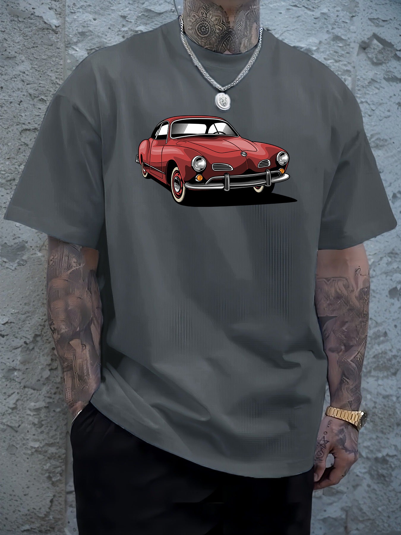 Men's Navy Blue Graphic Tee with Vintage Car Illustration - Casual & Sporty Polyester Round Neck T-Shirt, Machine Washable - Perfect for Summer Outings, Cool Oversized Tee Shirts