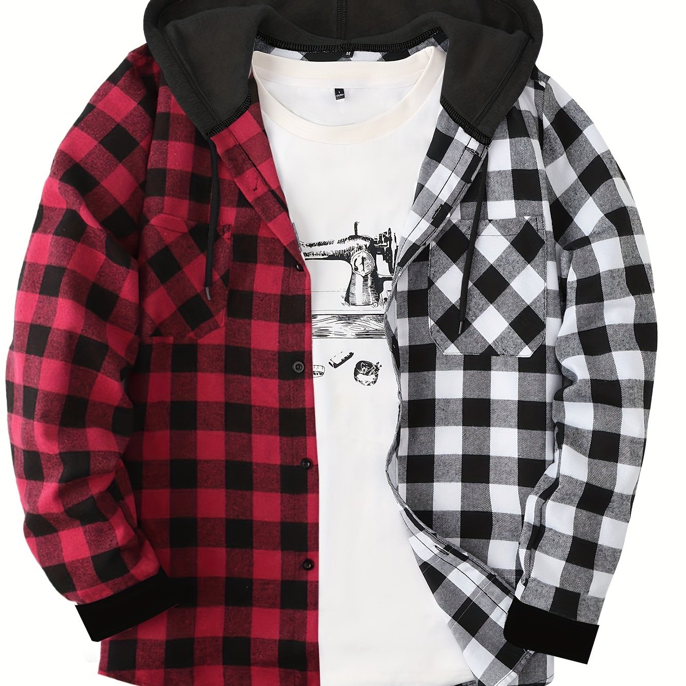 Fashionable Design Men's Plaid Pattern Hooded Long Sleeve And Button Up Shirt Jacket With Pockets, Chic And Trendy Hoodie Jacket For Outdoors Leisurewear
