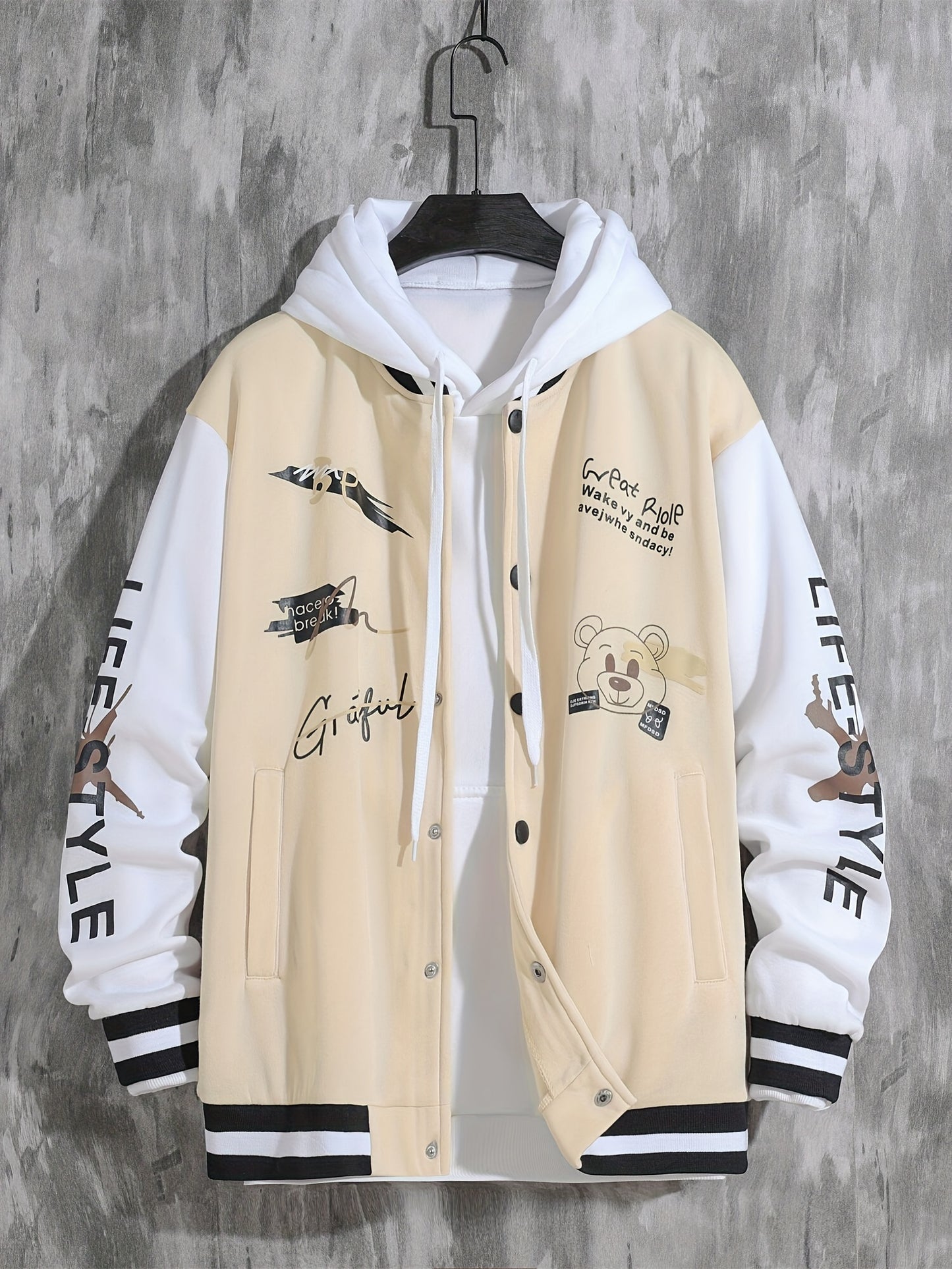 Men'S Casual Baseball Jacket, Polyester 100% Knit Fabric, Long Sleeve with Alphabet Pattern, Regular Length, Button Closure, Baseball Collar, Single Breasted Placket, Loose Fit, 200g/m² Weight - Spring/Fall Fashion