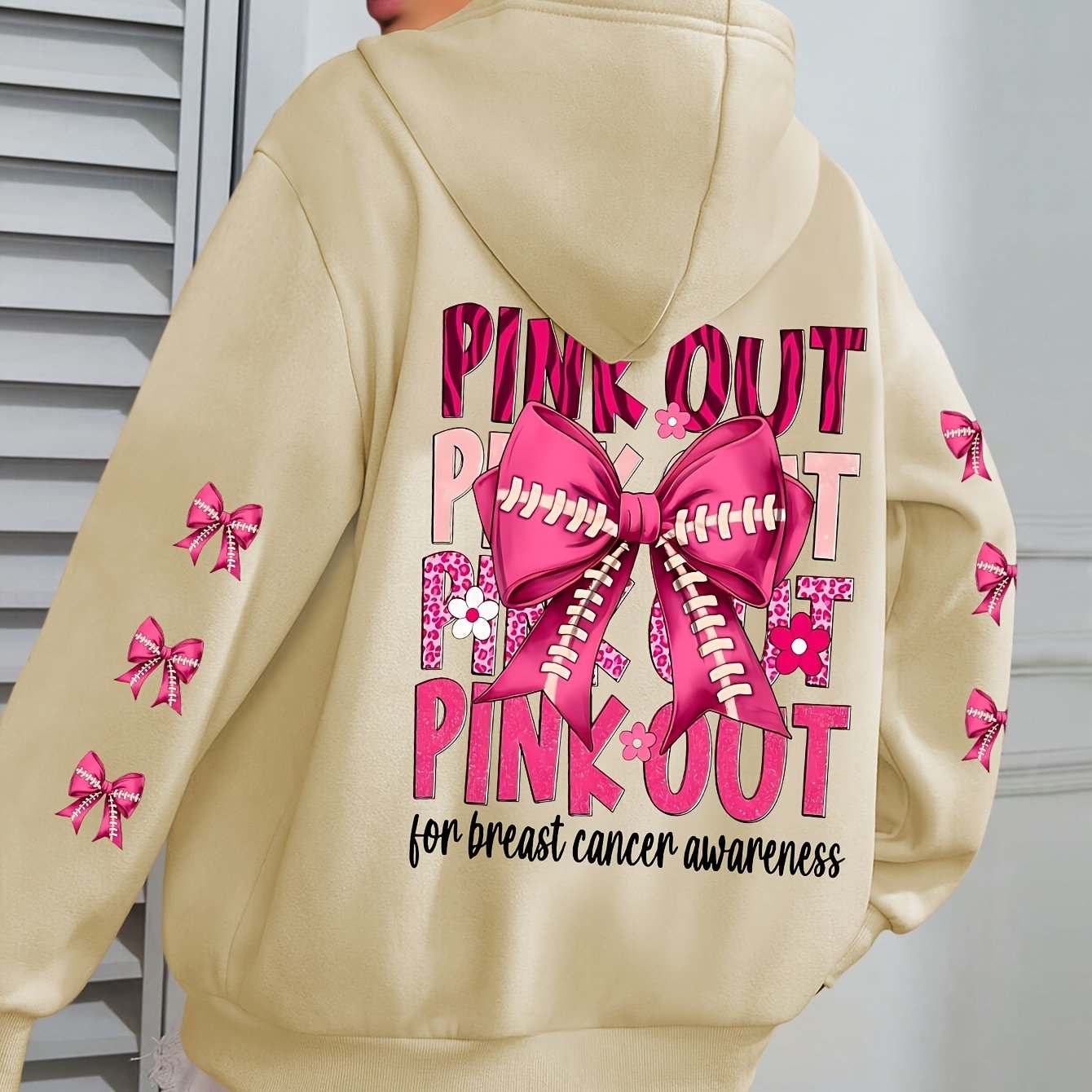 Women'S Plus Size Hoodie with Pink Ribbon Bowknot Print, Casual Long Sleeve Pullover with Pocket, 100% Polyester Knit Fabric, Slight Stretch, Fall/Winter Hooded Sweatshirt, Breast Cancer Awareness Design