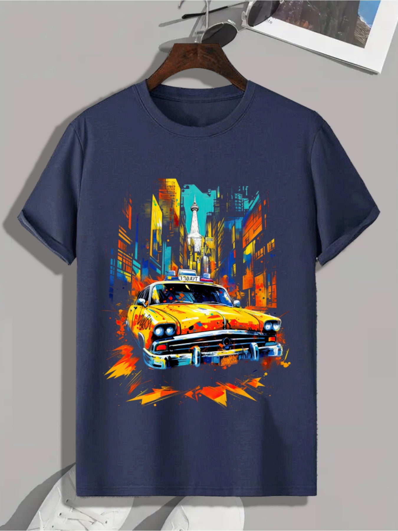 Yellow Taxi In City Blocks Print, Men's Novel Graphic Design T-shirt, Leisure Comfy Tees For Summer, Men's Clothing Tops For Daily Activities