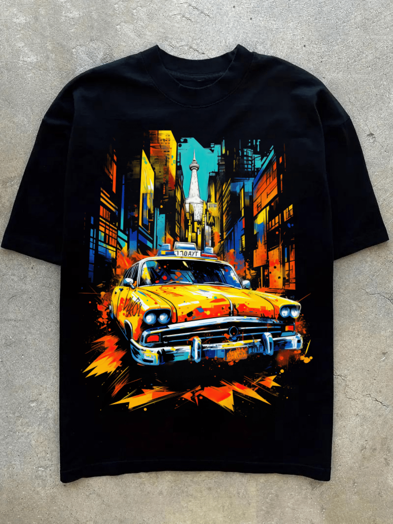 Yellow Taxi In City Blocks Print, Men's Novel Graphic Design T-shirt, Leisure Comfy Tees For Summer, Men's Clothing Tops For Daily Activities