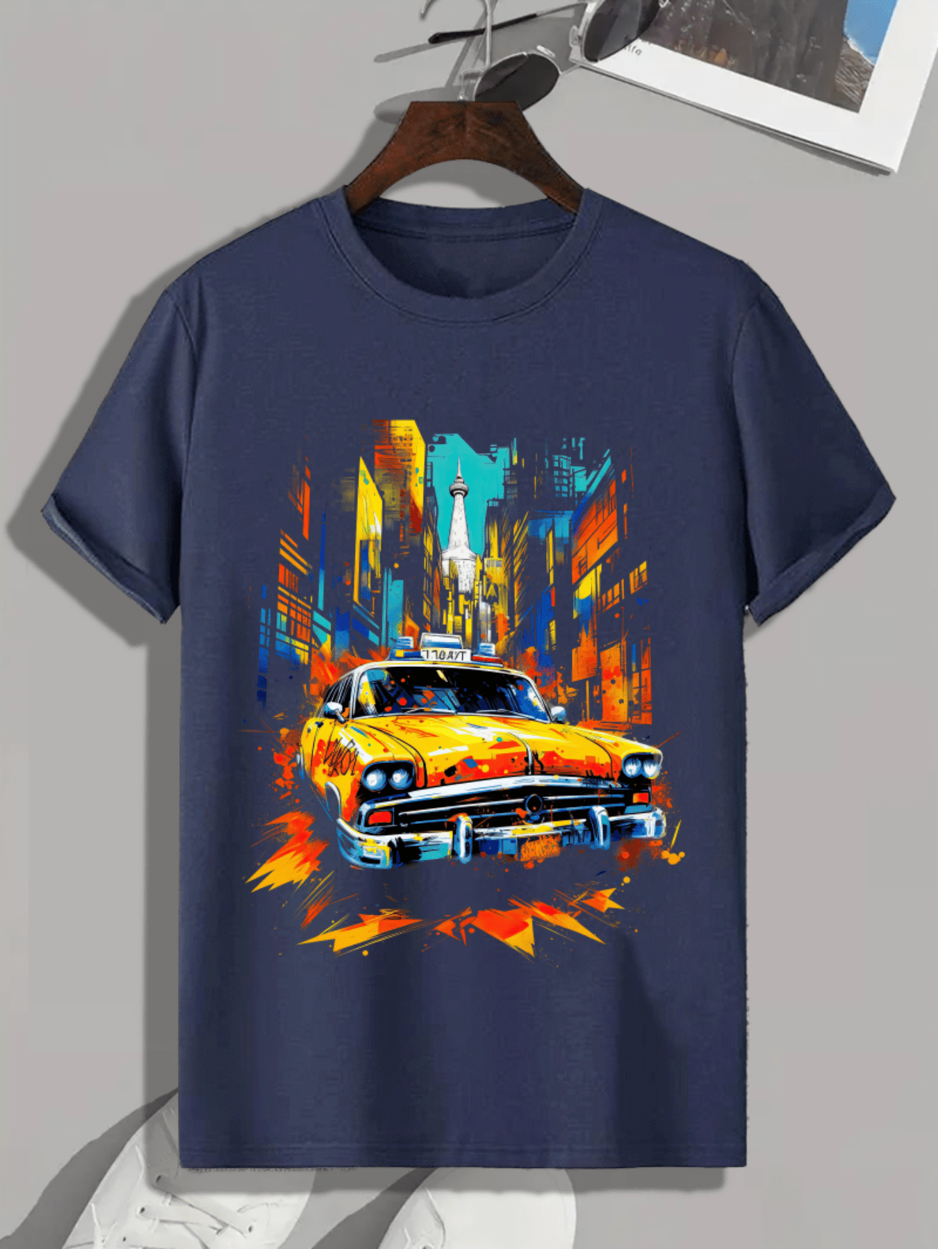 Yellow Taxi In City Blocks Print, Men's Novel Graphic Design T-shirt, Leisure Comfy Tees For Summer, Men's Clothing Tops For Daily Activities