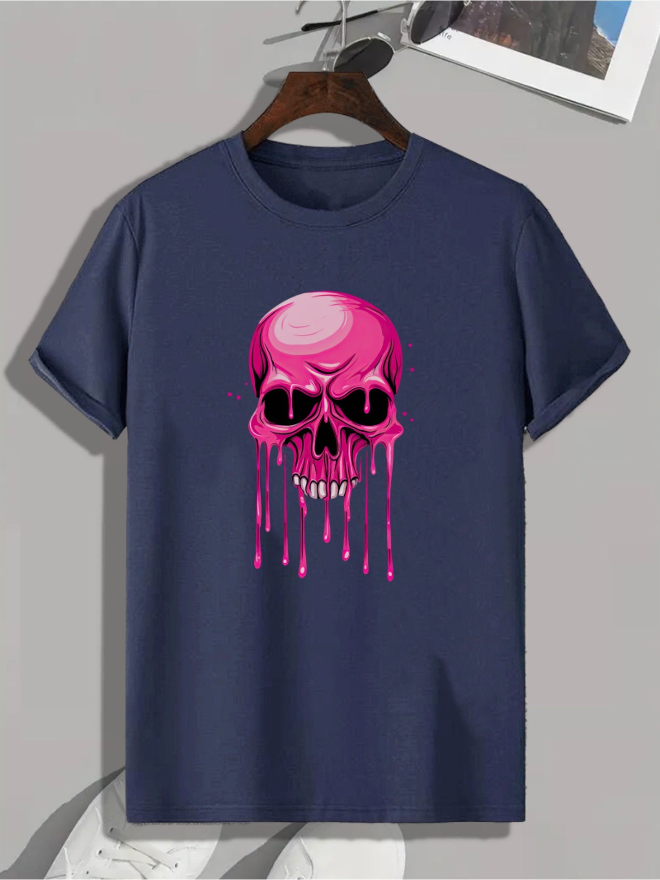 Men's Casual Cartoon Skull Graphic Tee - Soft Polyester, Round Neck, Short Sleeve, Machine Washable